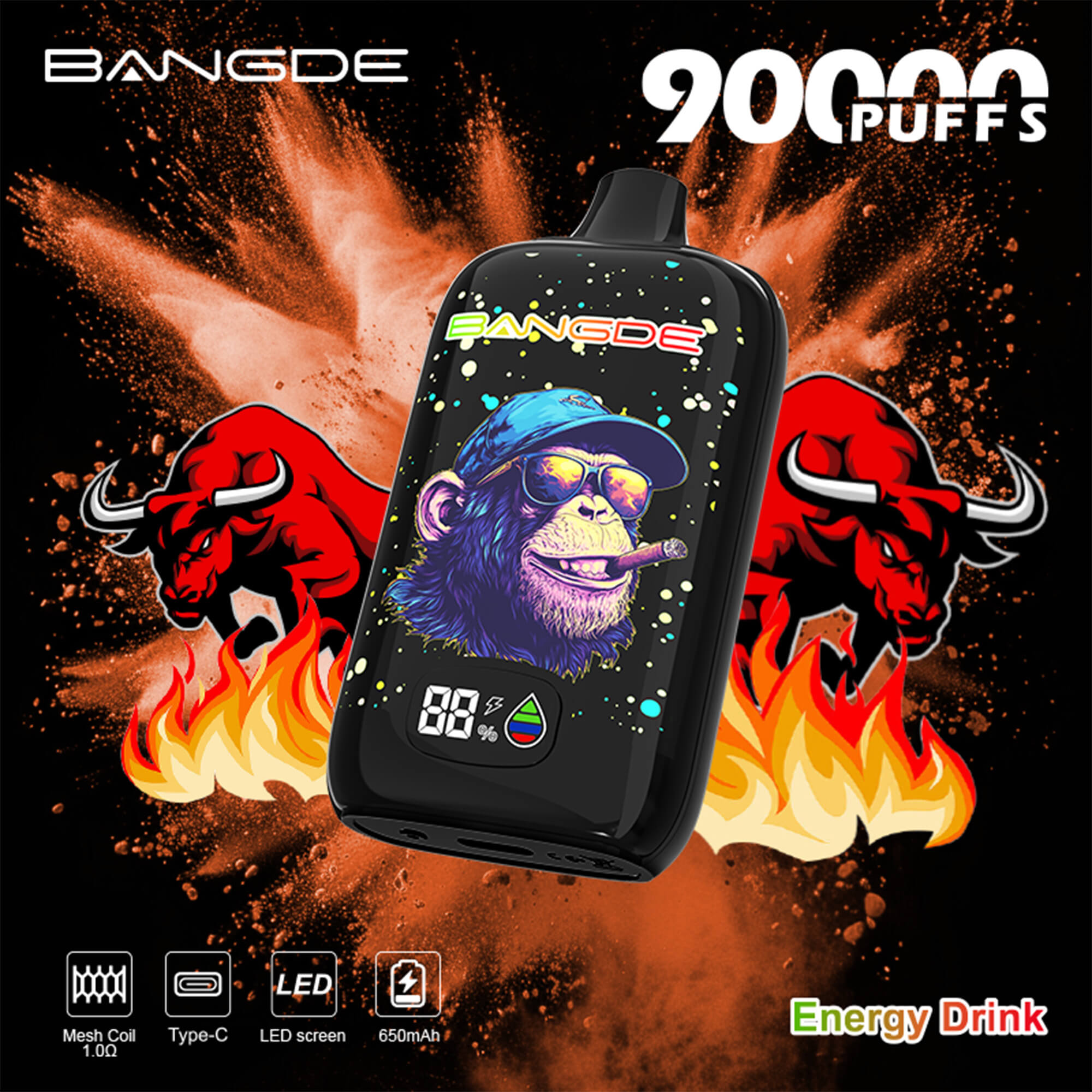BAN GDE 20,000 puffs vape device with blue gorilla graphic, flames and bull horns, energy drink text