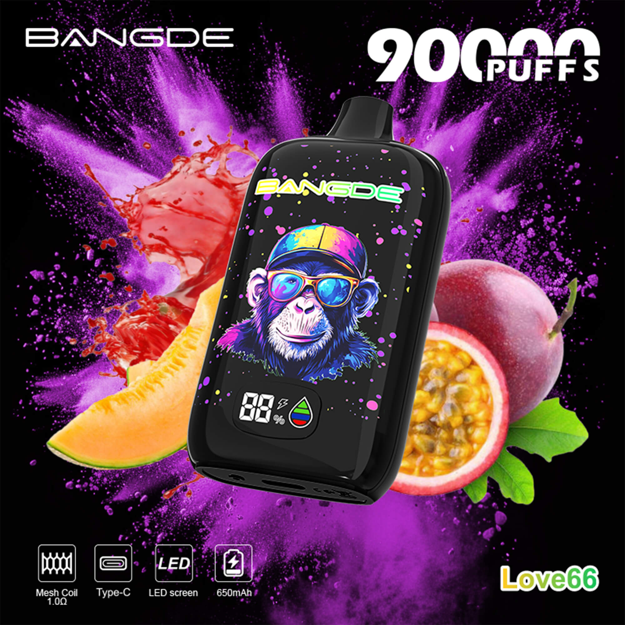 Black BANgDE e-cig vape device with “20 puff” text and colorful splash background, plus banana and fruit graphics