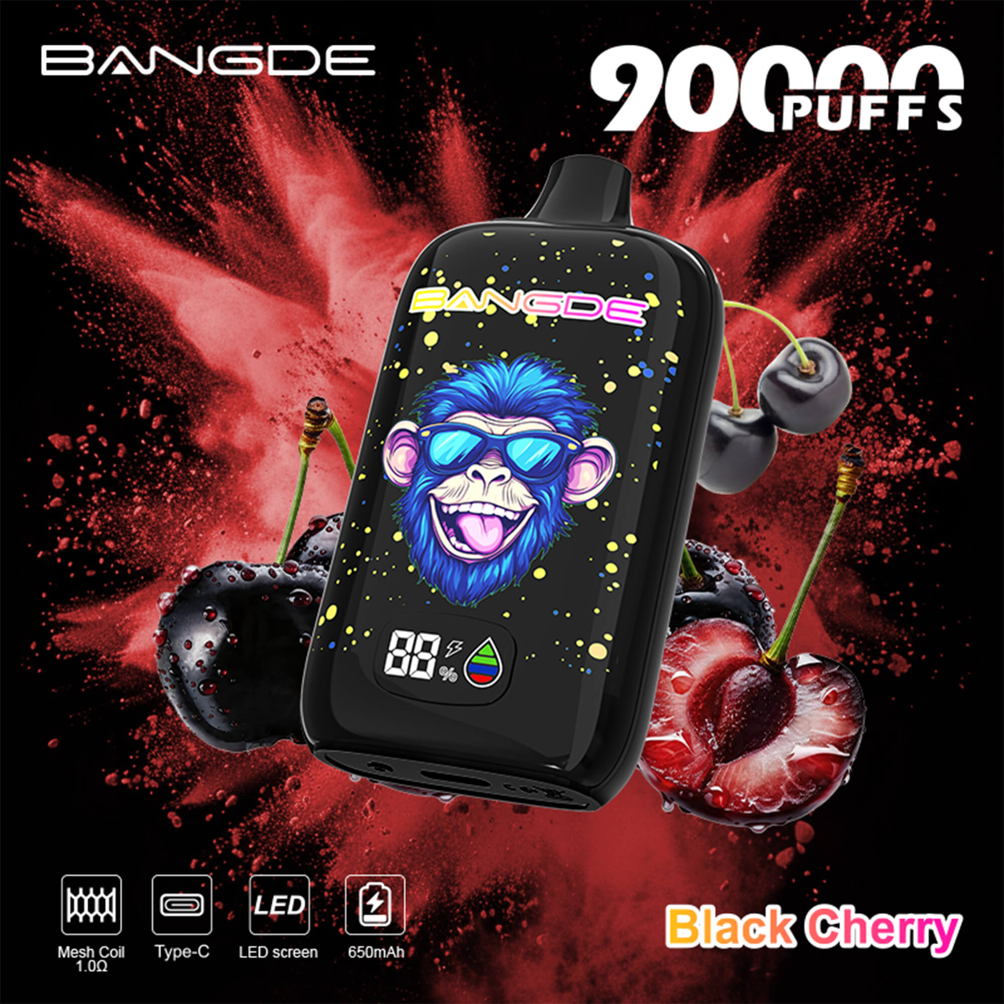 Black vape device with blue-bearded cartoon face, “20” puffs text, and red black-cherry splash background
