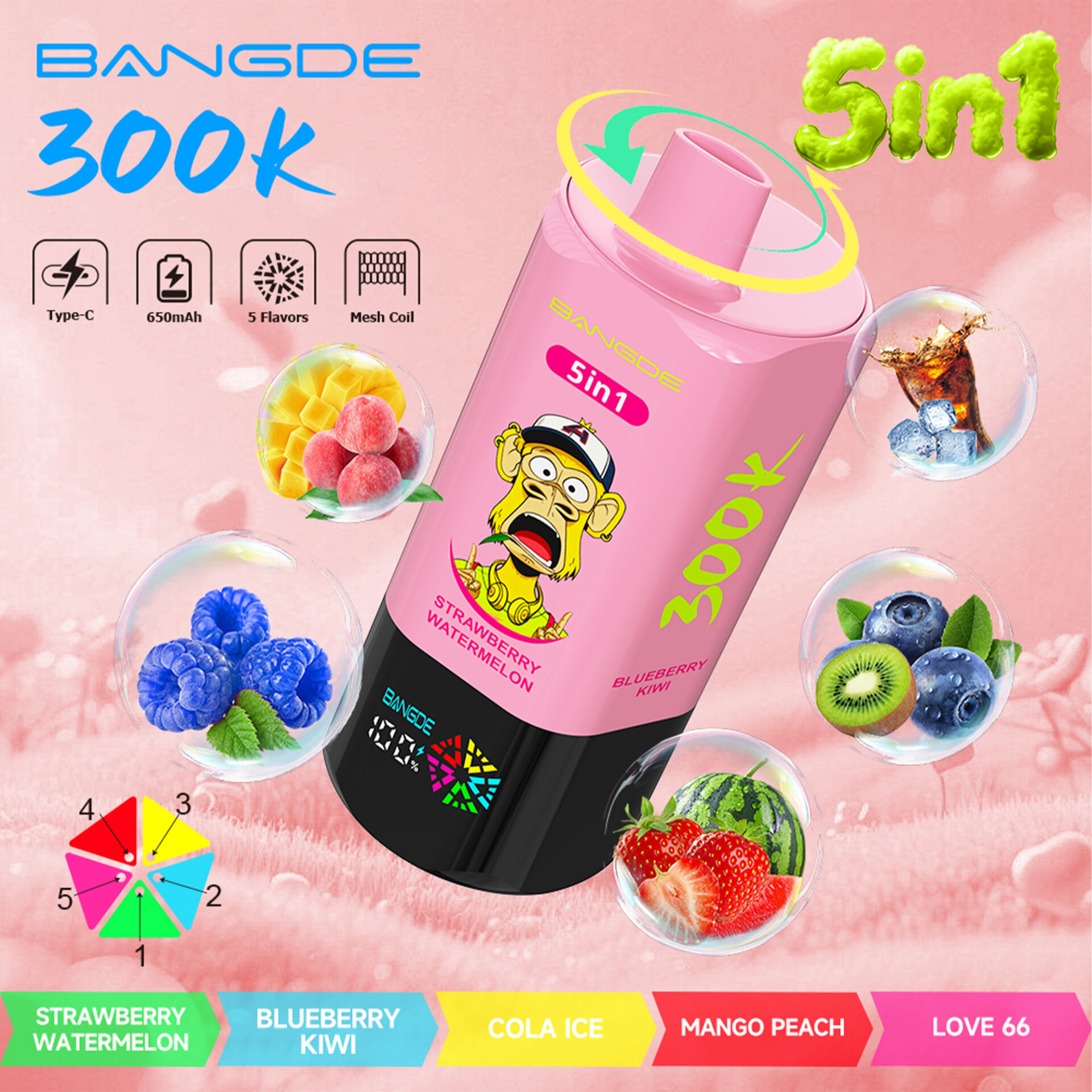 Pink portable 5-in-1 drink blender with fruit flavor icons and 300K text on a pastel background