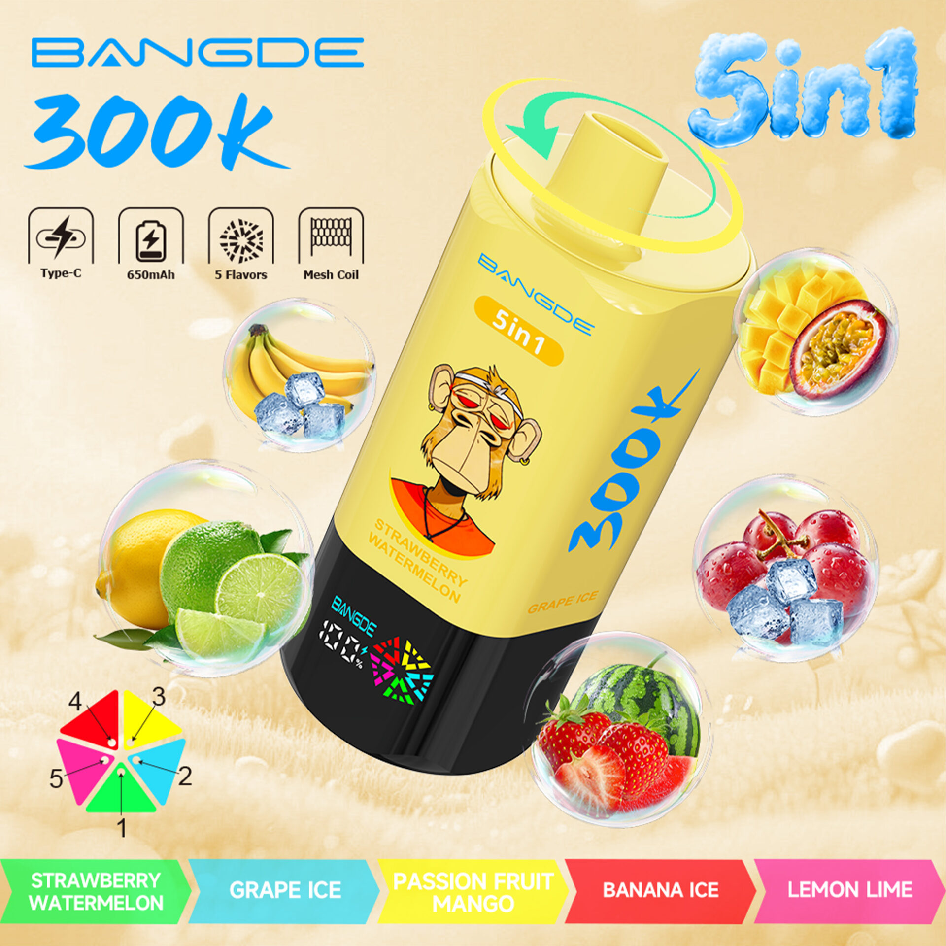 Yellow BA NGDE vape device with 300k puff claim and fruit flavors shown around it