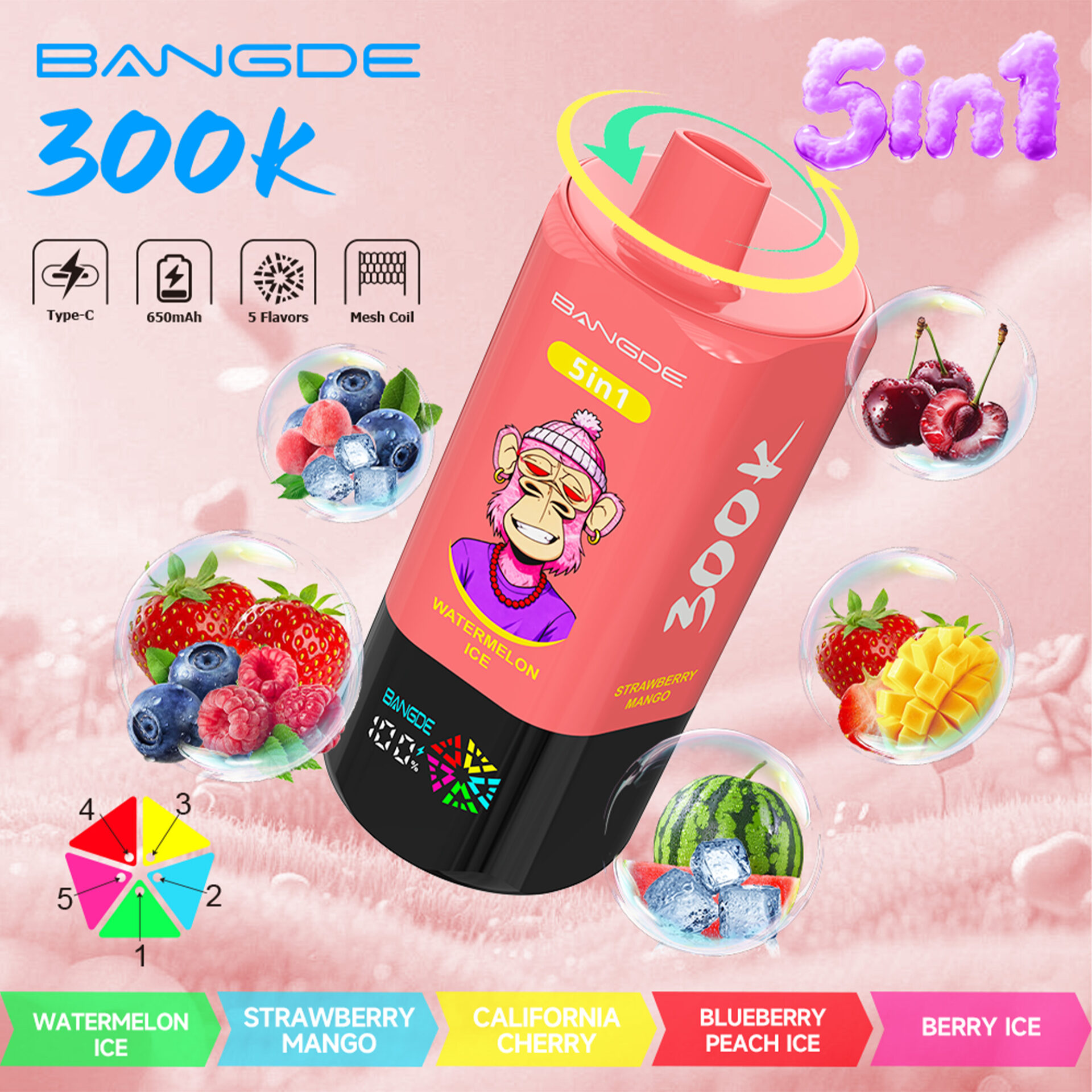 Red BAN GDE 5 in 1 vape device with fruit flavor bubbles and “300K” text on a pink background