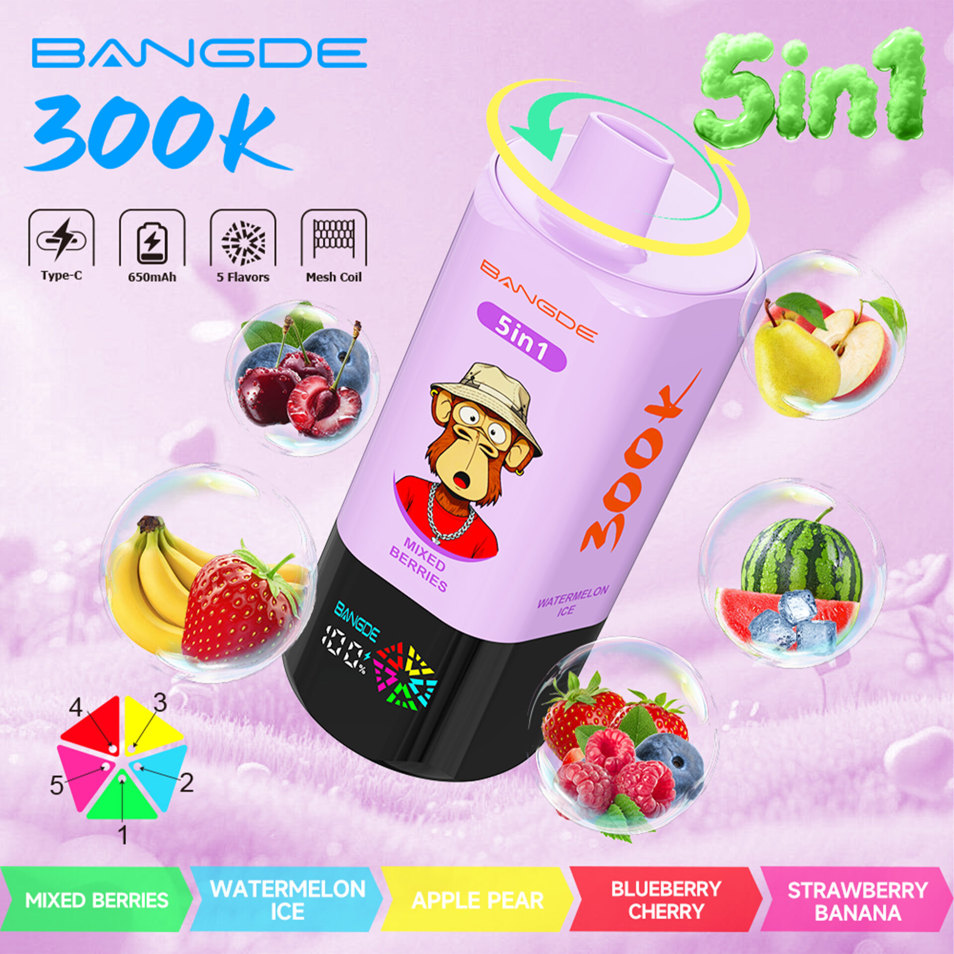 Purple travel drink bottle labeled “Mixed Berries” with fruit icons and “300K” on a pastel background