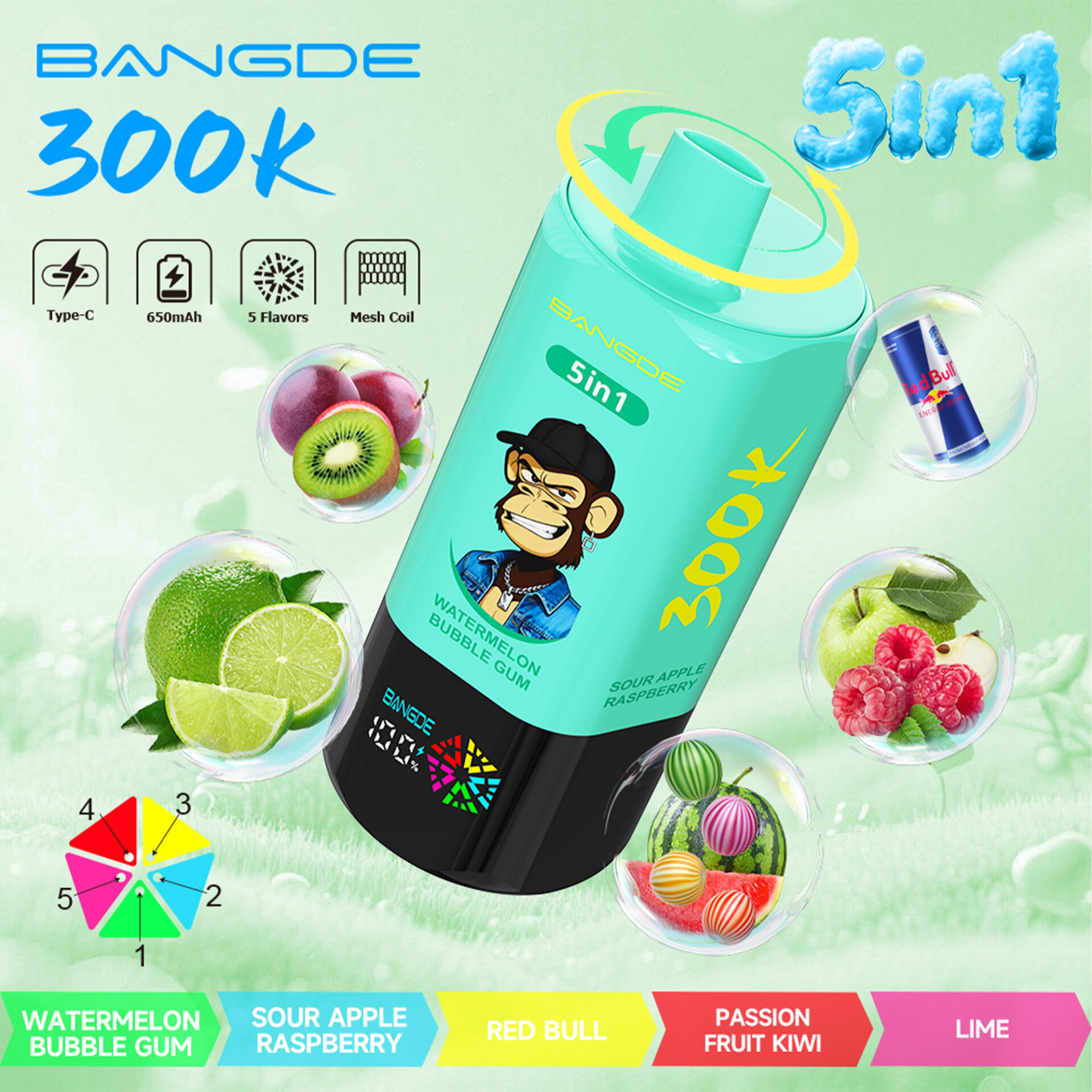 BAN GODE 300k single-use vape with flavored bubbles and fruit graphics, “5 in 1” label, charging icons, and 650mAh