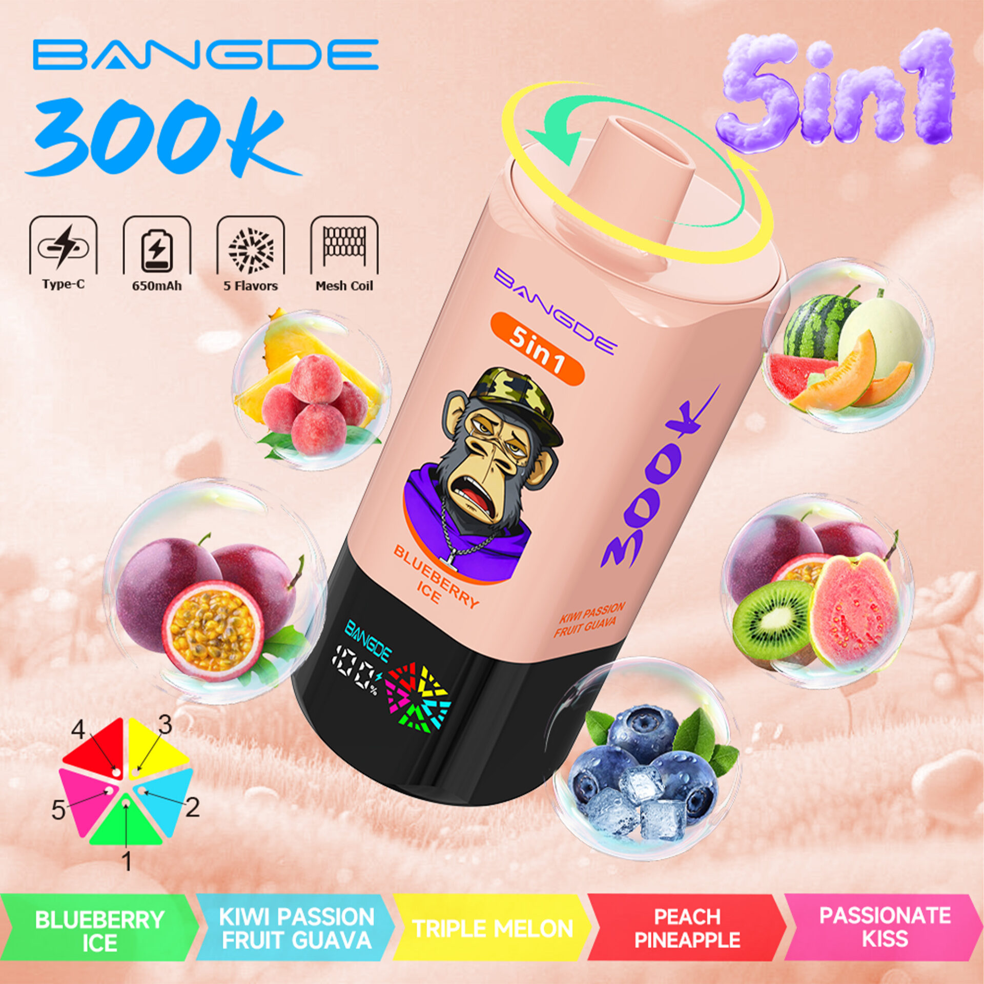 BAN GDE 5-in-1 disposable vape with “300k” text and fruit flavor bubbles on a peach background