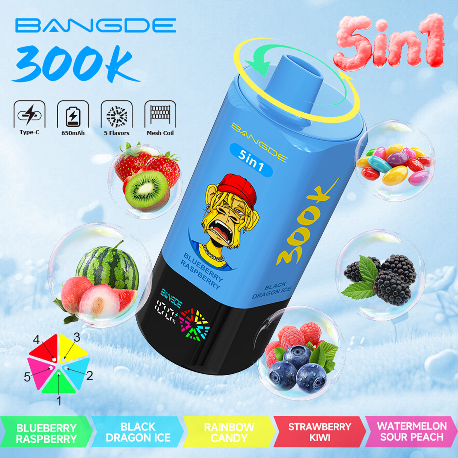 Blue vaping device graphic with “300K” features, flavor bubbles, and “5in1” text on a light sky background