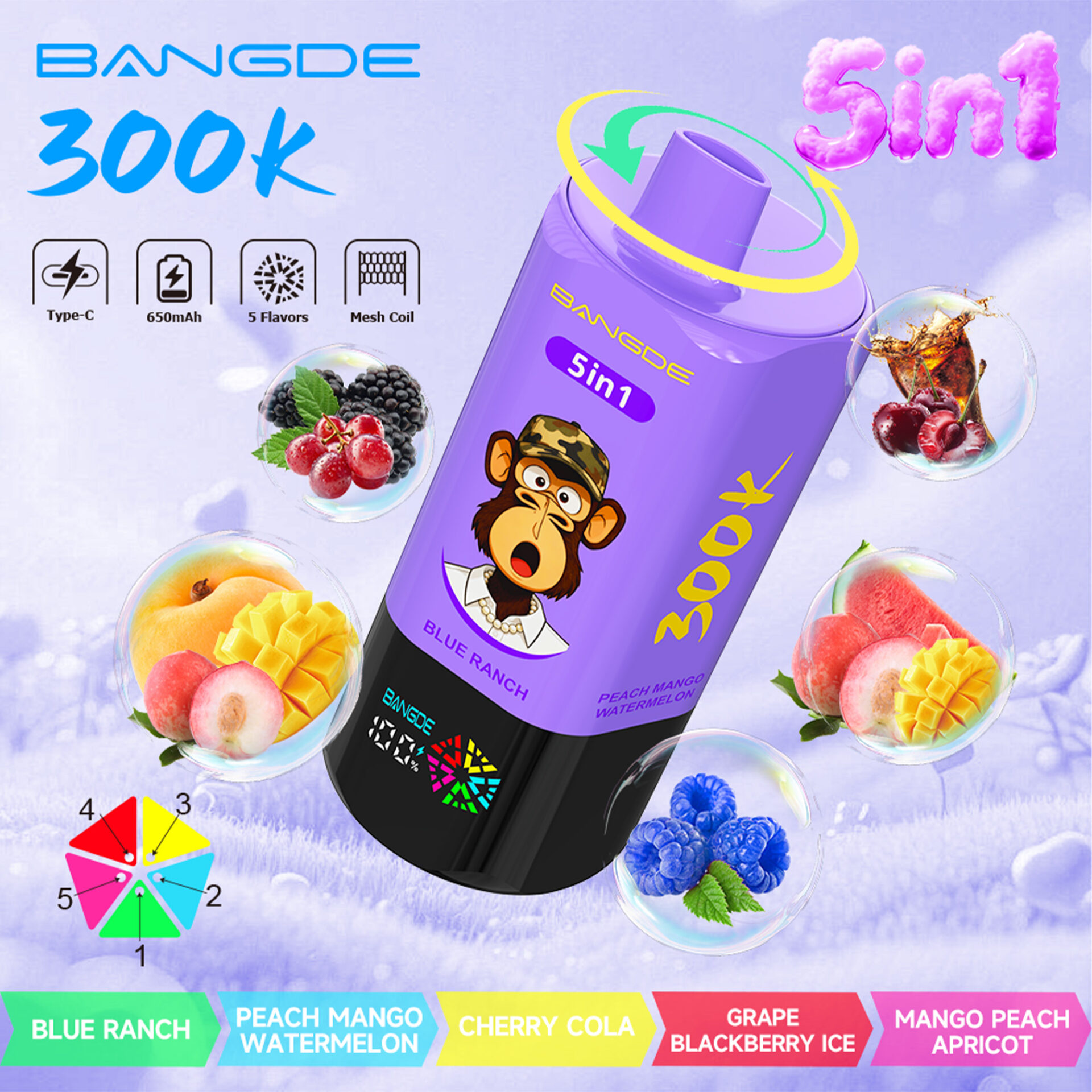 Purple BAN GDE 5-in-1 300k vape device with flavor icons and “5in1” label, plus fruit and berry illustrations