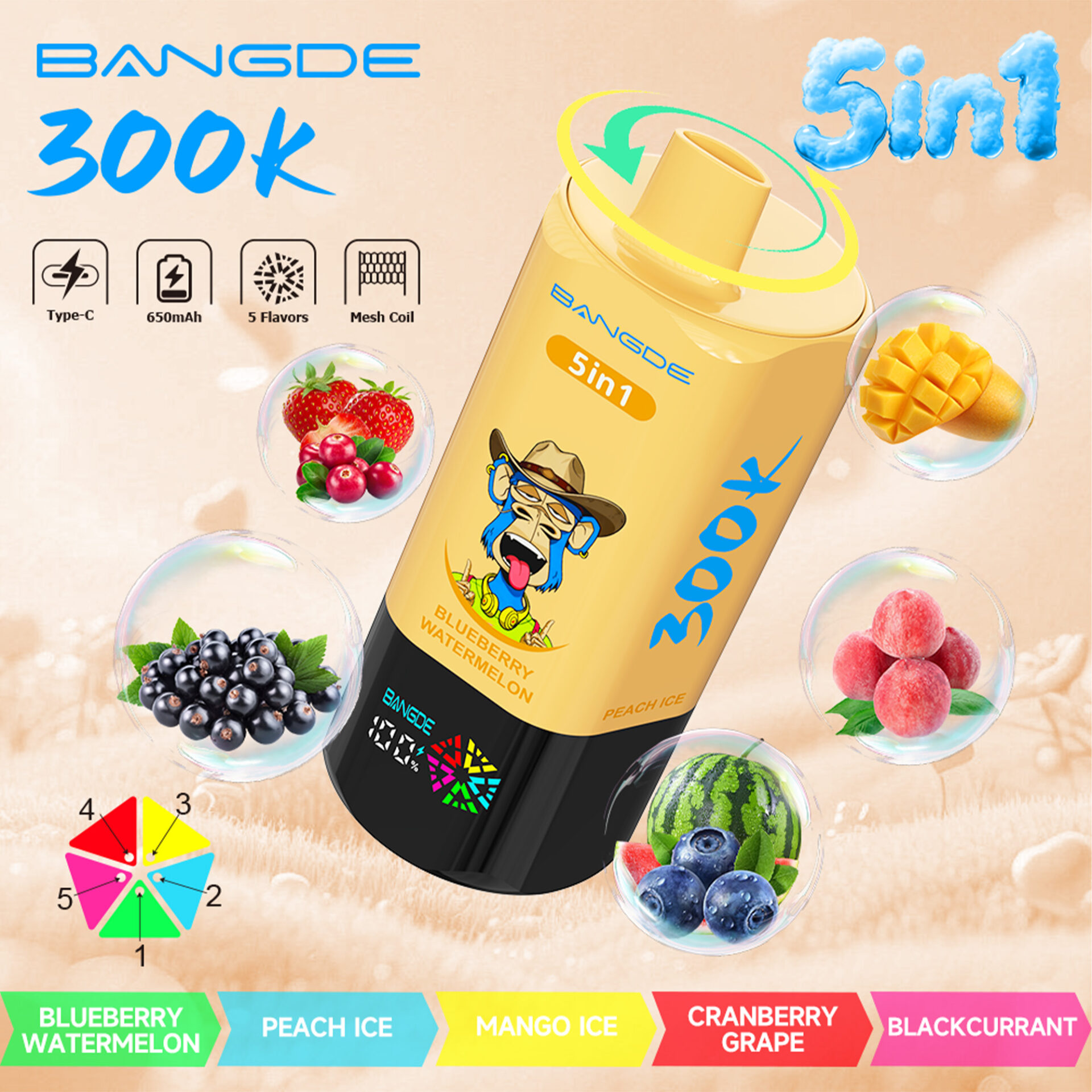 Yellow BAN GDE vape device with 5in1 flavors text and fruit bubbles, showing 300k puffs and blue cloud puff graphic