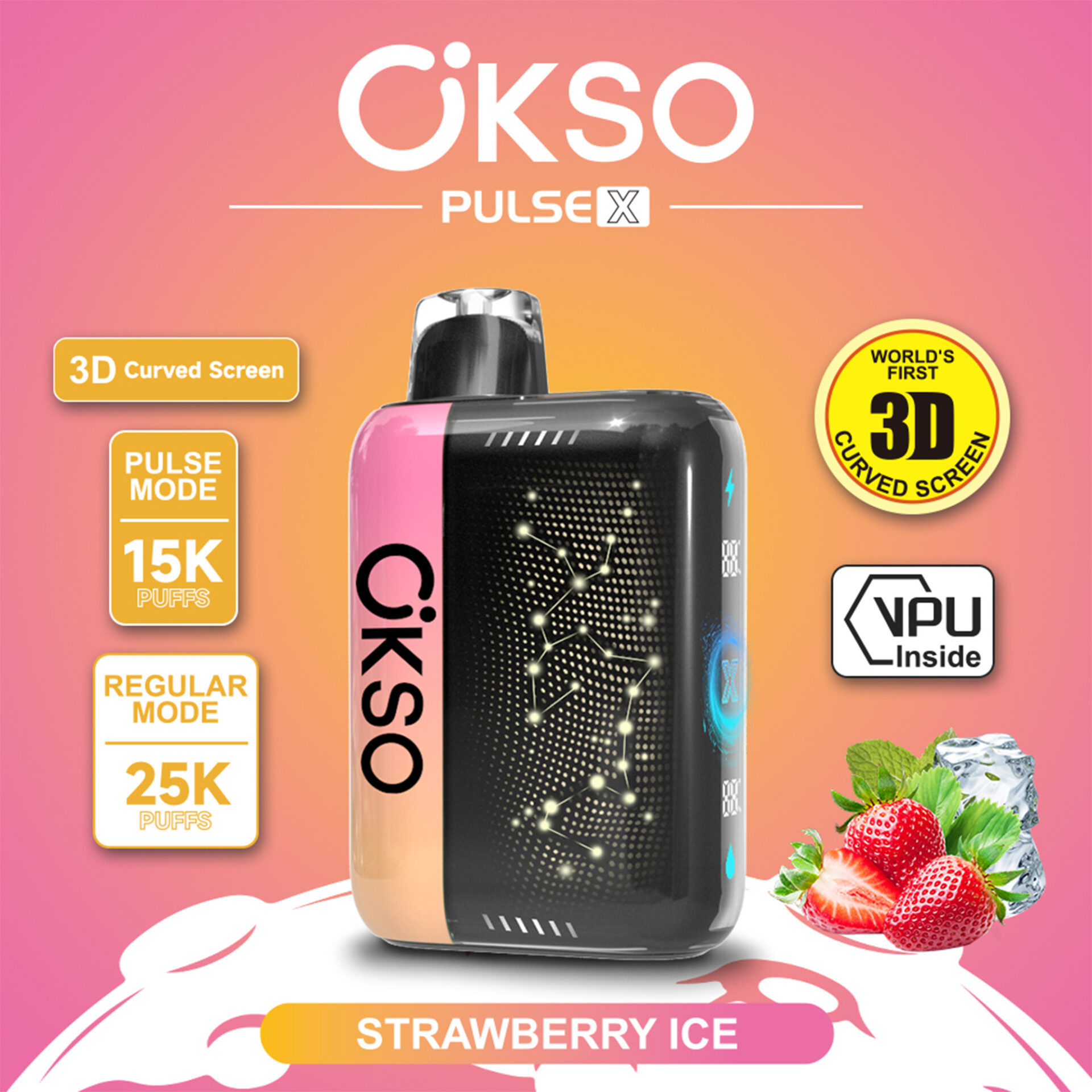 Dispositivo vape Ökso Pulse X con texto de sabor “Strawberry Ice” sobre fondo degradado rosa, iconos de “pantalla curva 3D”