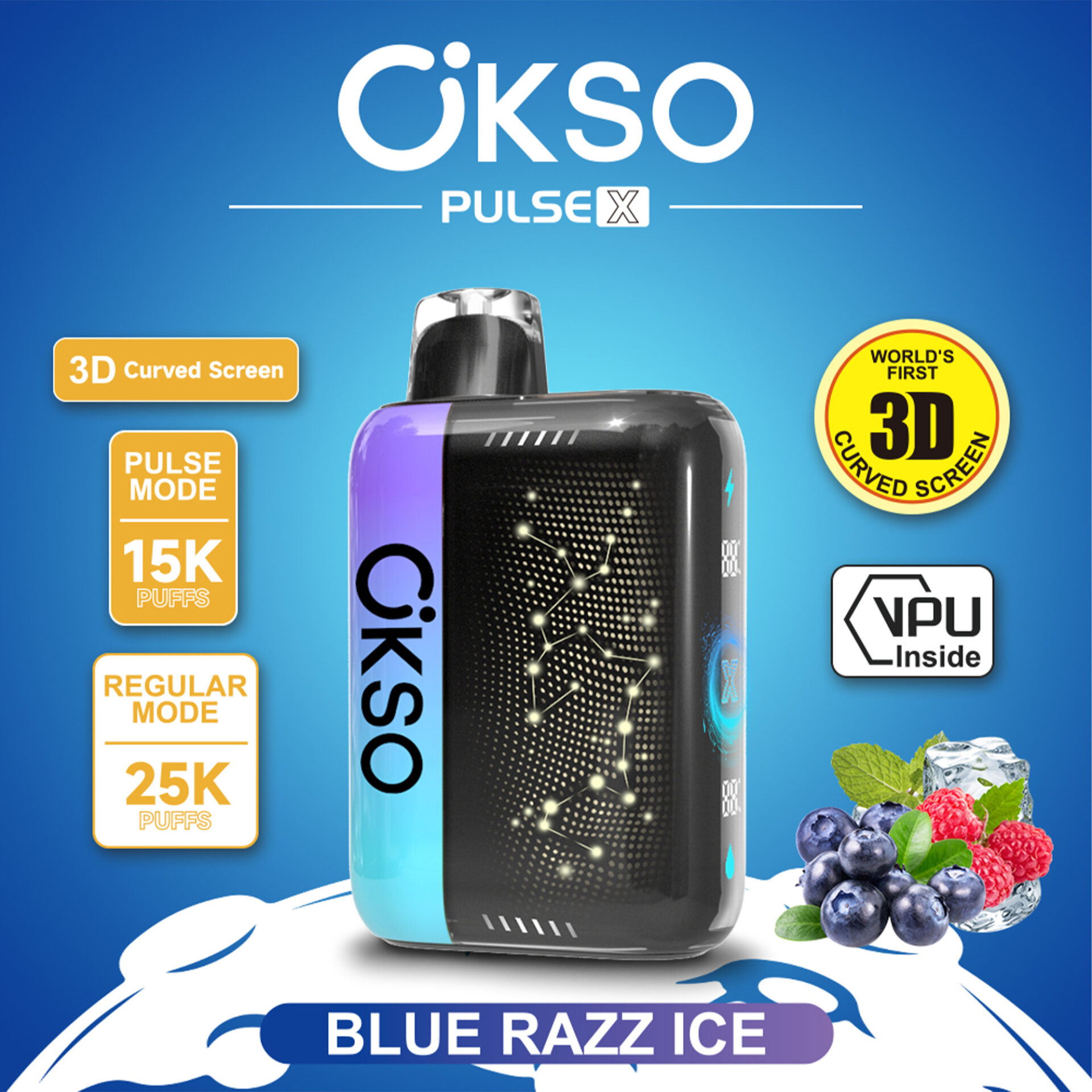 Dispositivo de vapeo/electrónico Üksik, en superficie publicitaria azul con texto ČiKSО Pulse X y sabor Blue Razz Ice