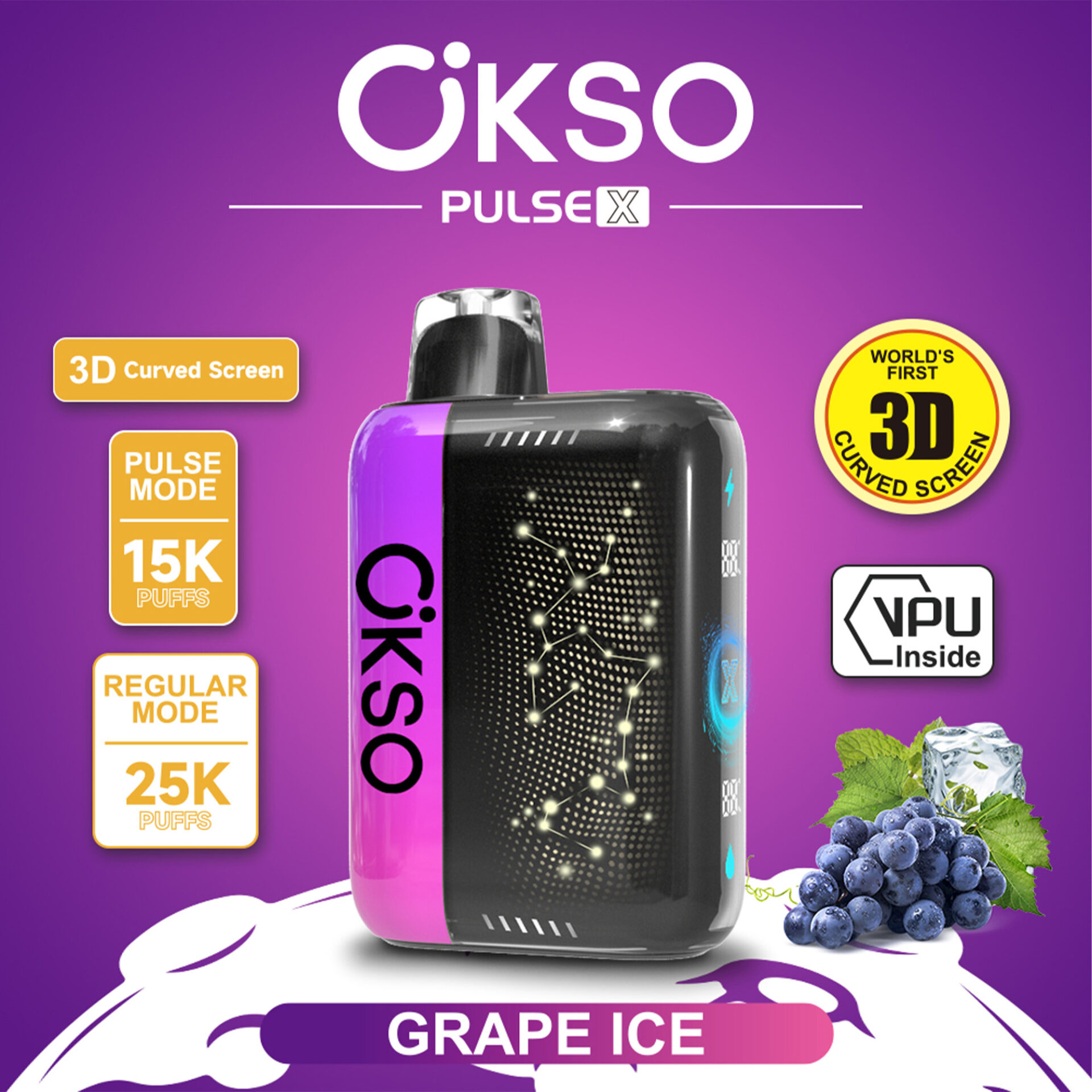 Anuncio de dispositivo de vapeo púrpura con texto “Grape Ice” y etiquetas para pantalla curva 3D y 15K caladas