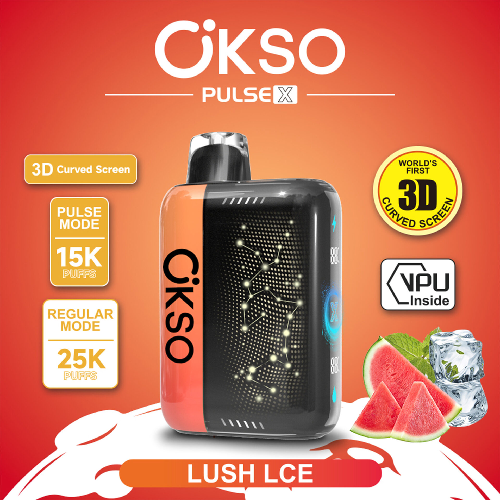 Dispositivo vape Ökso Pulse X Lush Ice con etiquetas “Pantalla curva 3D”, “15K caladas” y “25K caladas”