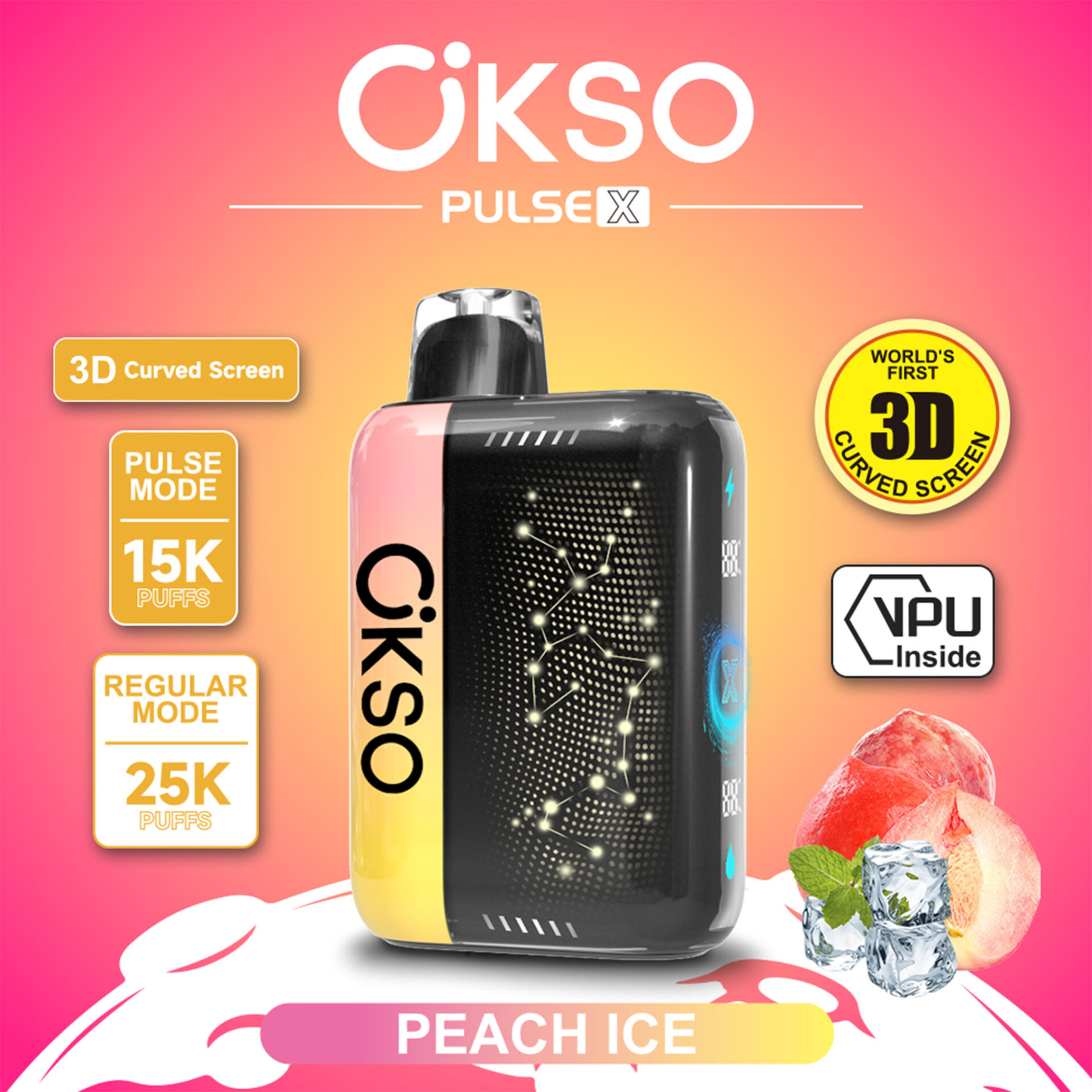 Anuncio del dispositivo de vapeo Ökso Pulse X con “Pantalla curva 3D”, “15K caladas” y banner de sabor peach ice