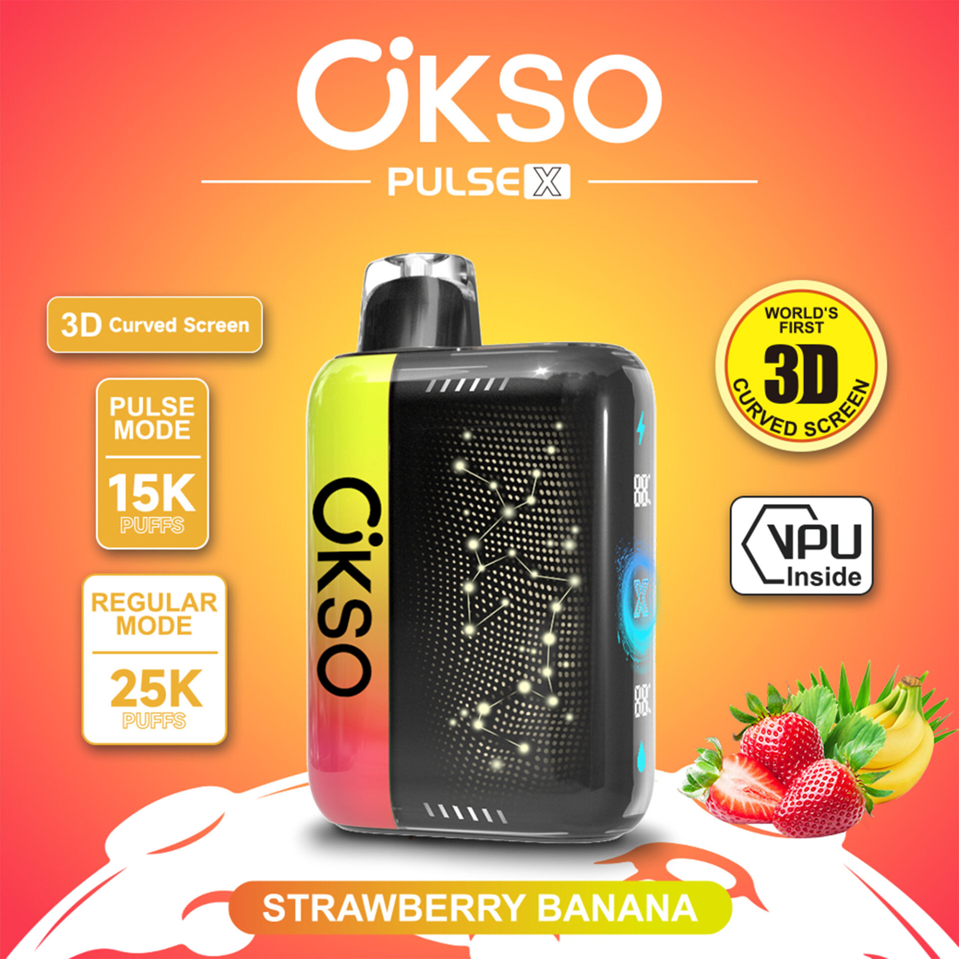 Anuncio del dispositivo vape CKSO Pulse X con pantalla curva 3D, 15K/25K caladas y texto de sabor Fresa Banana