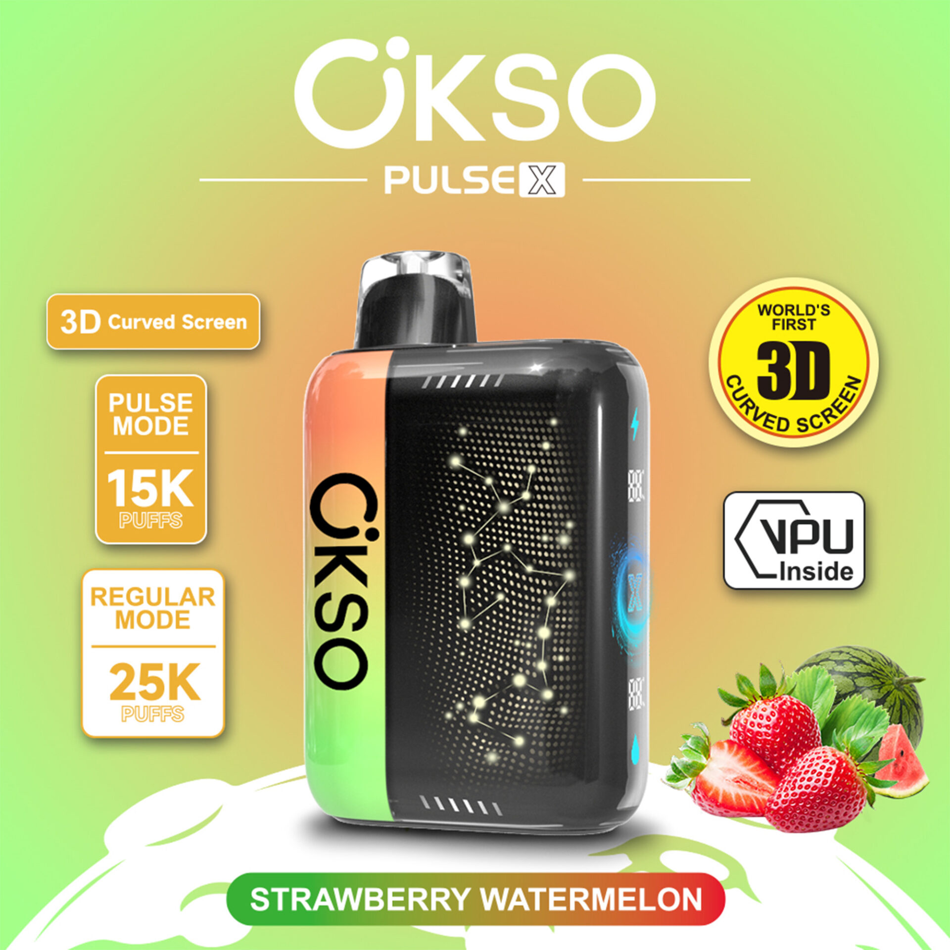 Dispositivo vape CKSO Pulse X con pantalla curva 3D, modos de 15K y 25K caladas, y texto de sabor fresa sandía