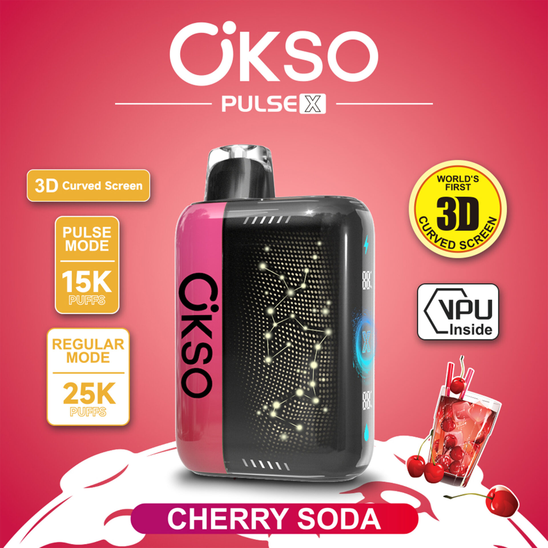 Dispositivo vape Cherry Soda UKSO PulseX con insignias “Pantalla curva 3D”, “15K/25K caladas” y “VPu Inside”