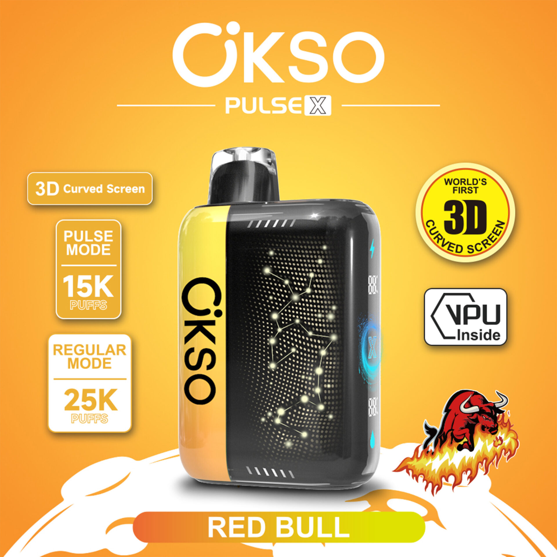 Vape OKSO Pulse X con insignias de texto que anuncian pantalla curva 3D, 15K/25K caladas y VPU interior sobre fondo naranja