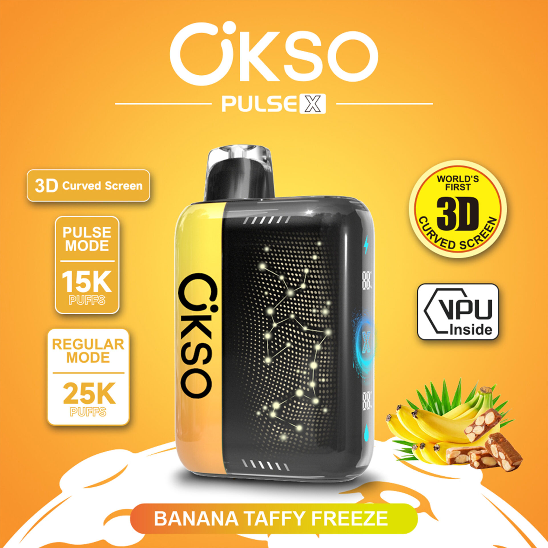 “Dispositivo vape ”OKSO Pulse X“ con ”Pantalla curva 3D“ y texto ”Banana Taffy Freeze” sobre fondo naranja