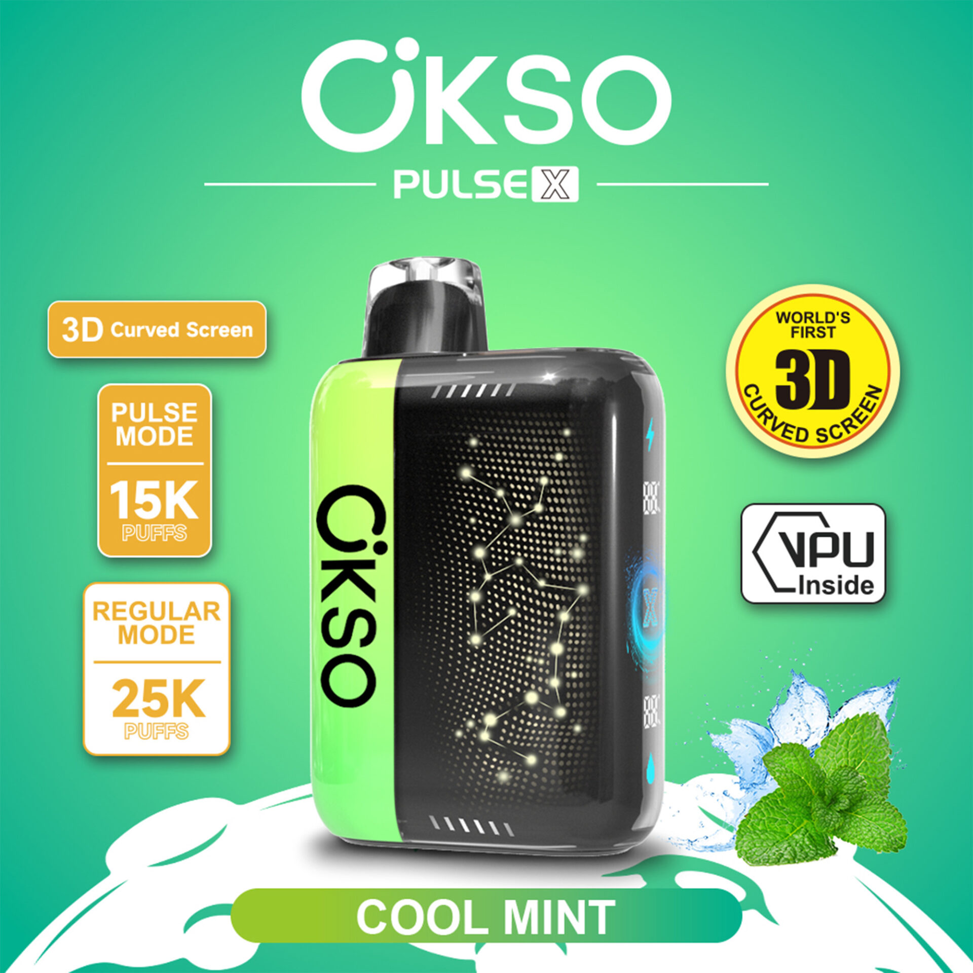 Vape ÖksO PulseX sabor menta fresca con pantalla curva 3D y modos de 15K/25K caladas mostrados sobre fondo verde