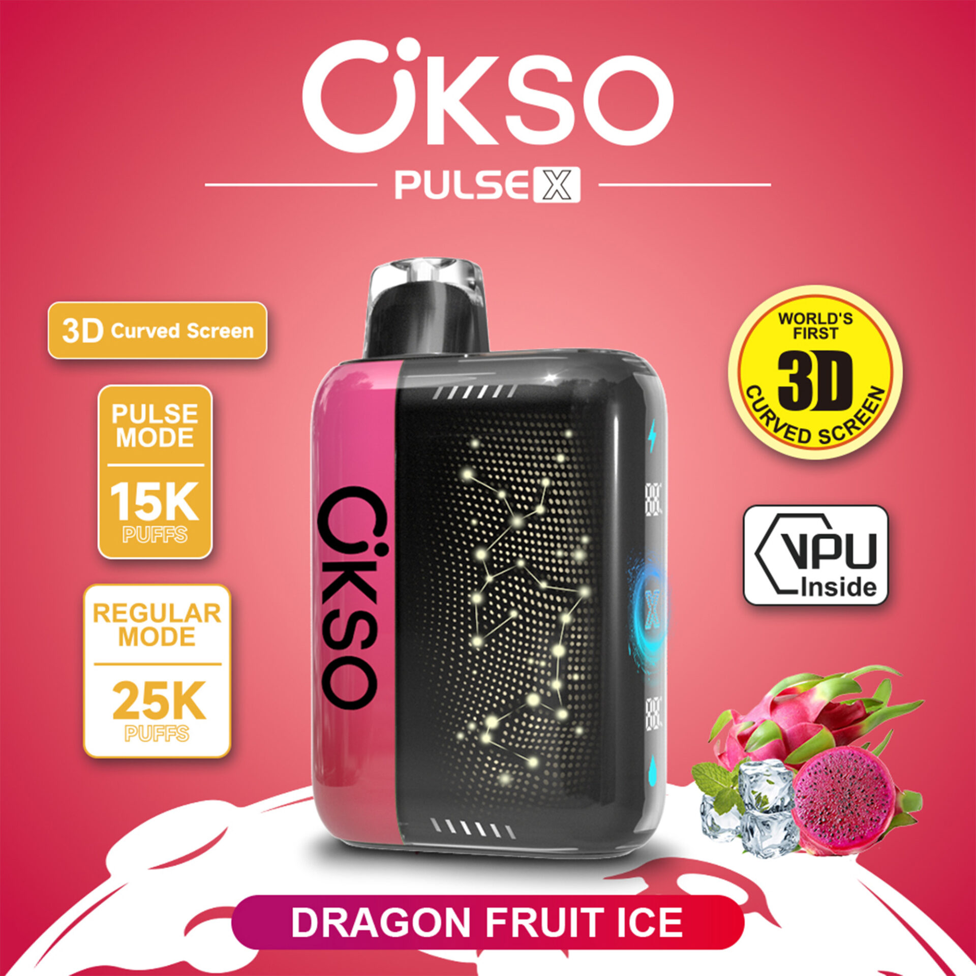Promoción del dispositivo pod Cikso Pulse X con pantalla curva 3D y texto de sabor Dragon Fruit Ice