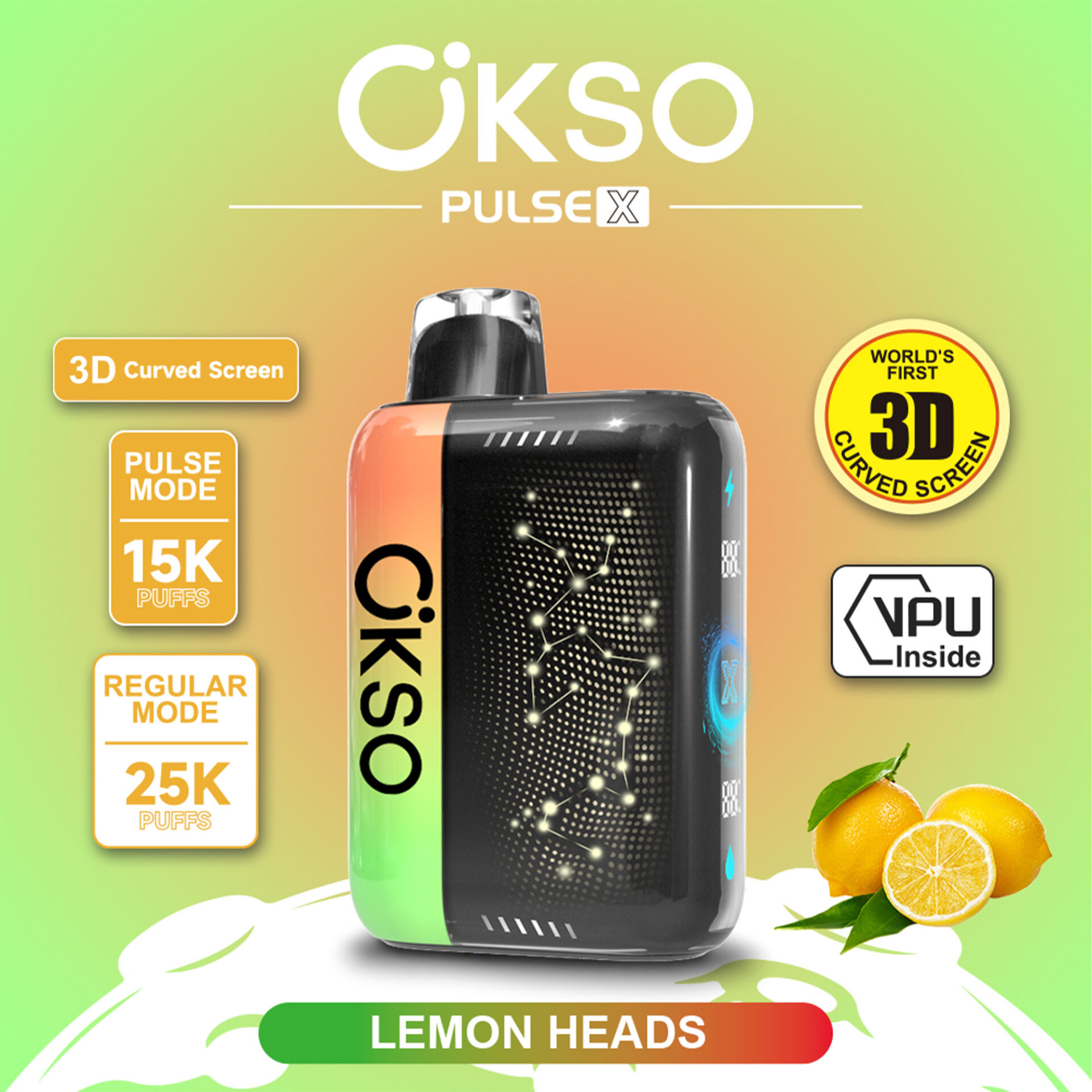 Dispositivo de vapeo IKO SO Pulse X con pantalla curva 3D, 15K caladas y texto de sabor Lemon Heads, más iconos de limón