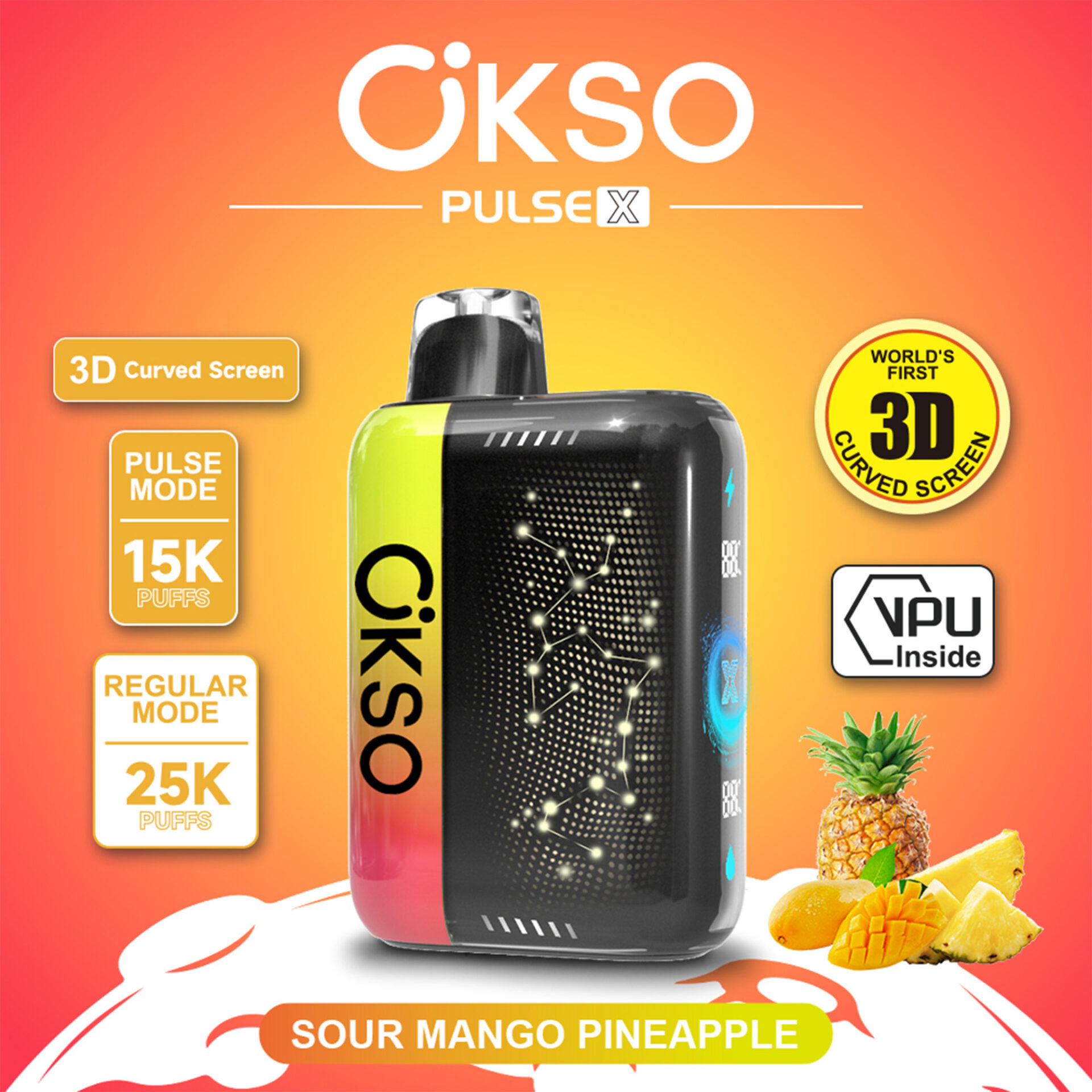 Dispositivo de vapeo OKSO Pulse X con pantalla curva 3D y texto de sabor Sour Mango Pineapple