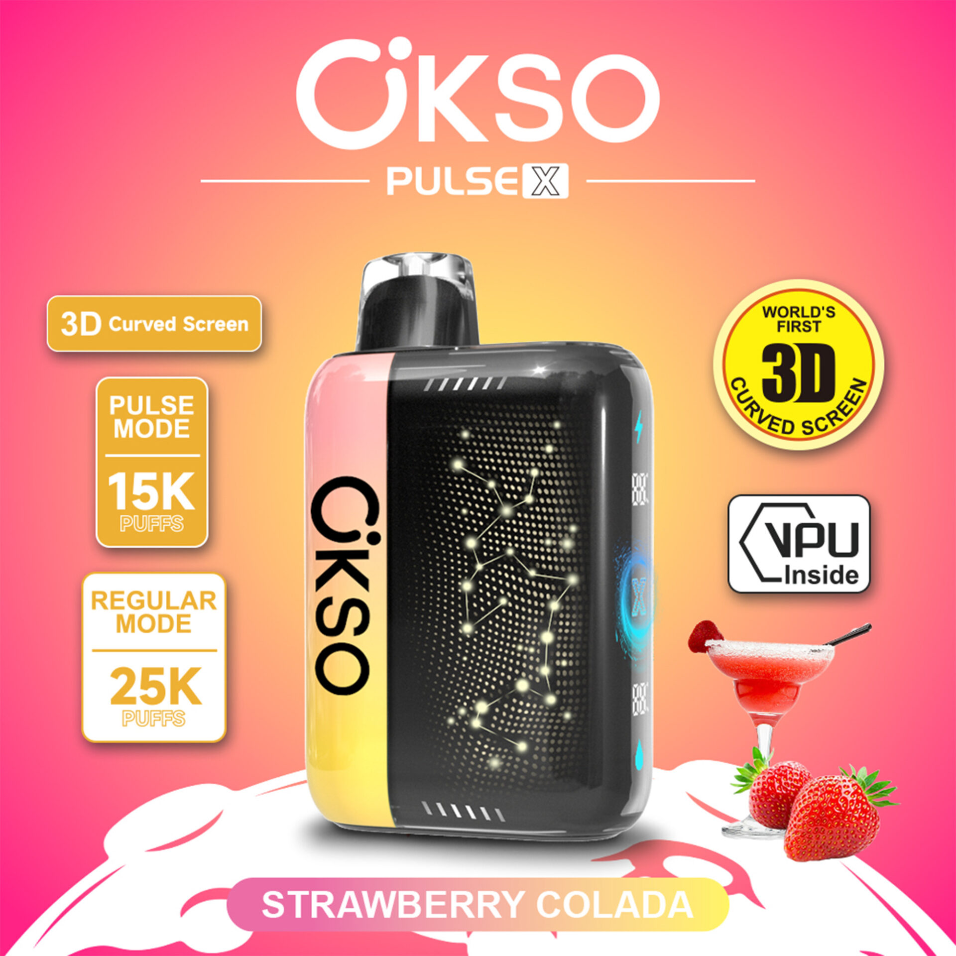 Anuncio del dispositivo Ökso Pulse X con pantalla curva 3D, modos de 15K/25K caladas y tema Strawberry Colada