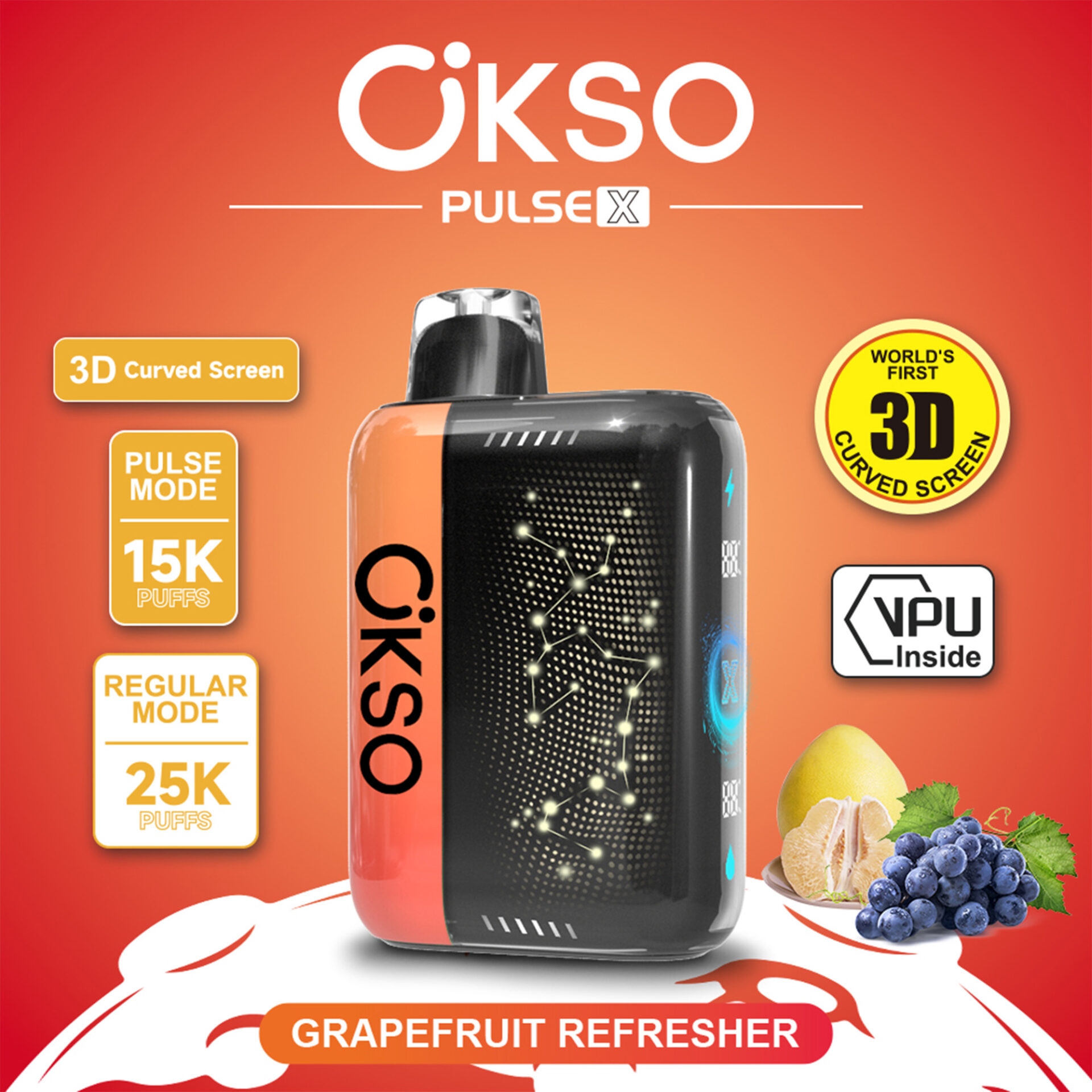 Promoción del producto: ÇKSÖ Pulse X sobre fondo naranja, pantalla curva 3D y etiquetas VKU Inside; dispositivo de vapor y fruta con uva.