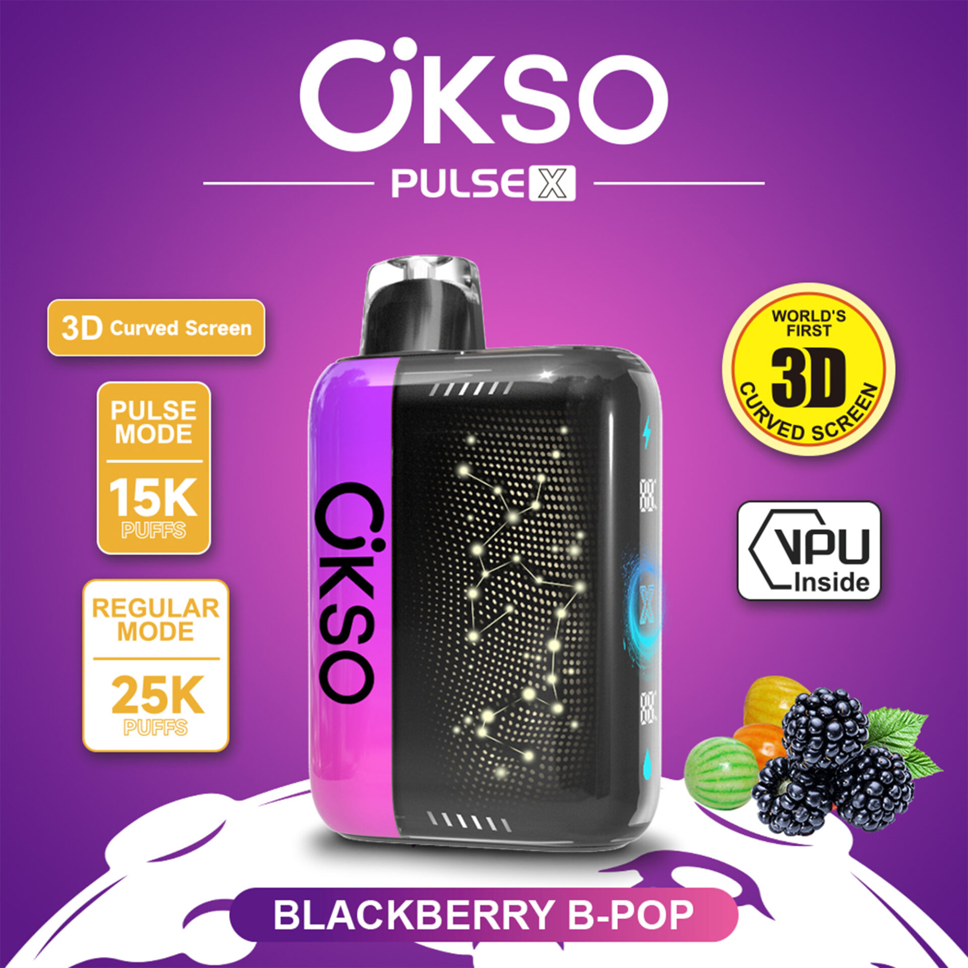Anuncio del dispositivo de vapeo ÜKSO Pulse X en morado y negro con “Blackberry B-Pop” y distintivos de pantalla curva 3D