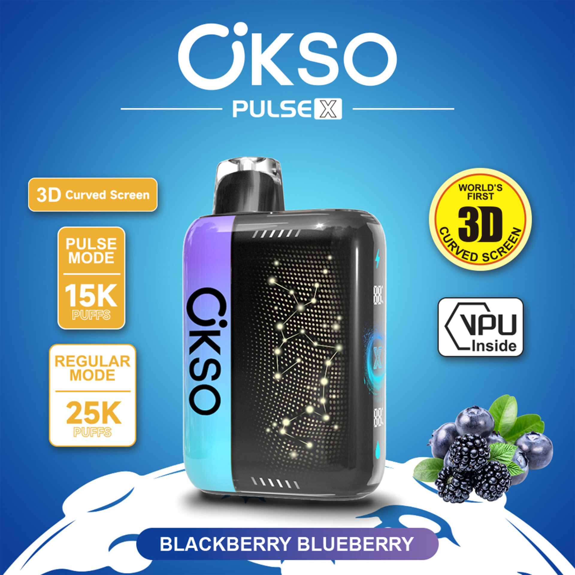 Un dispositivo de vapeo con la marca OKSO Pulse X y etiquetas de funciones visuales con pantalla curva 3D, sabor a arándano.