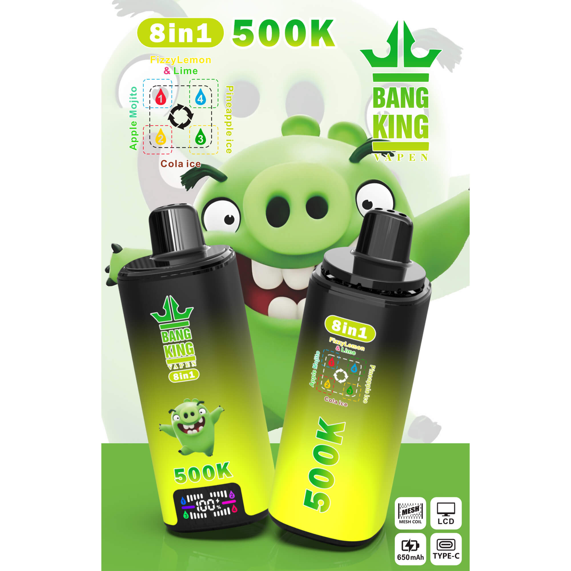 Cartoon green battery character holding two “Bang King” 8-in-1 vape devices labeled 500K, Fizzy Lemon & Lime and Cola ice
