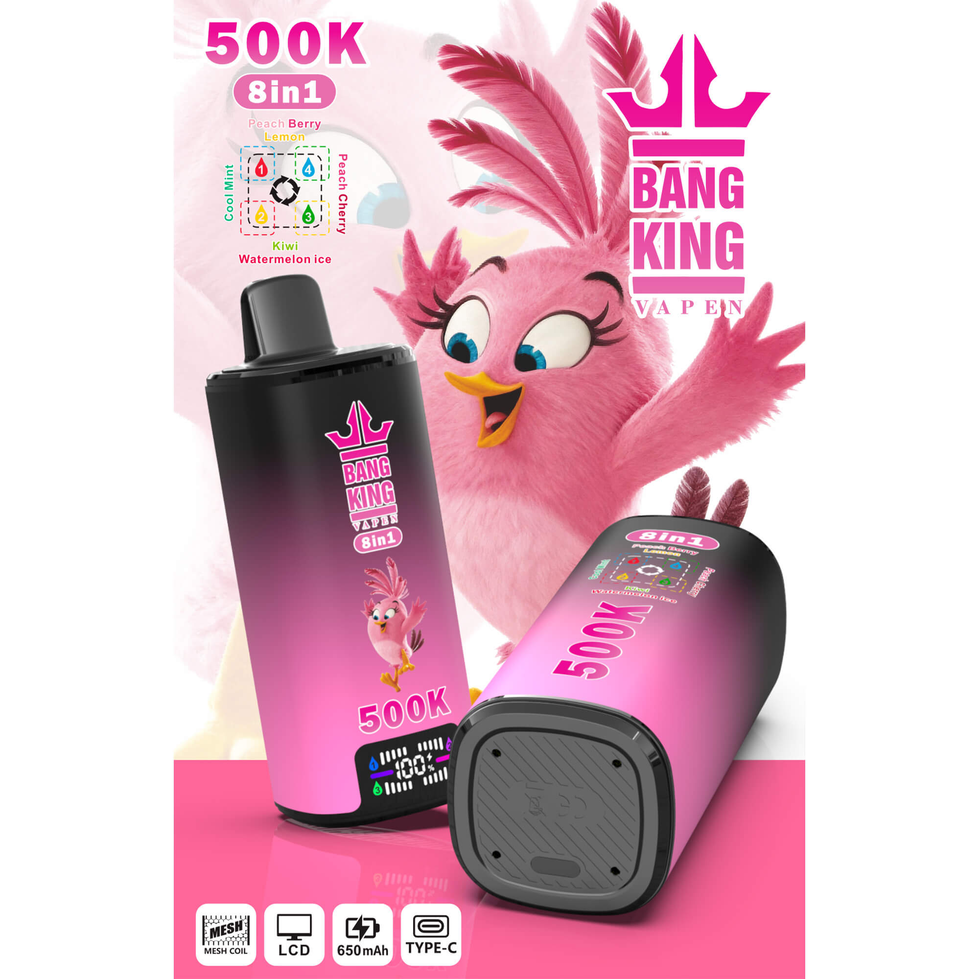 Pink “Bang King” disposable vape with 8-in-1 label, 500K puff text, and cartoon bird character background