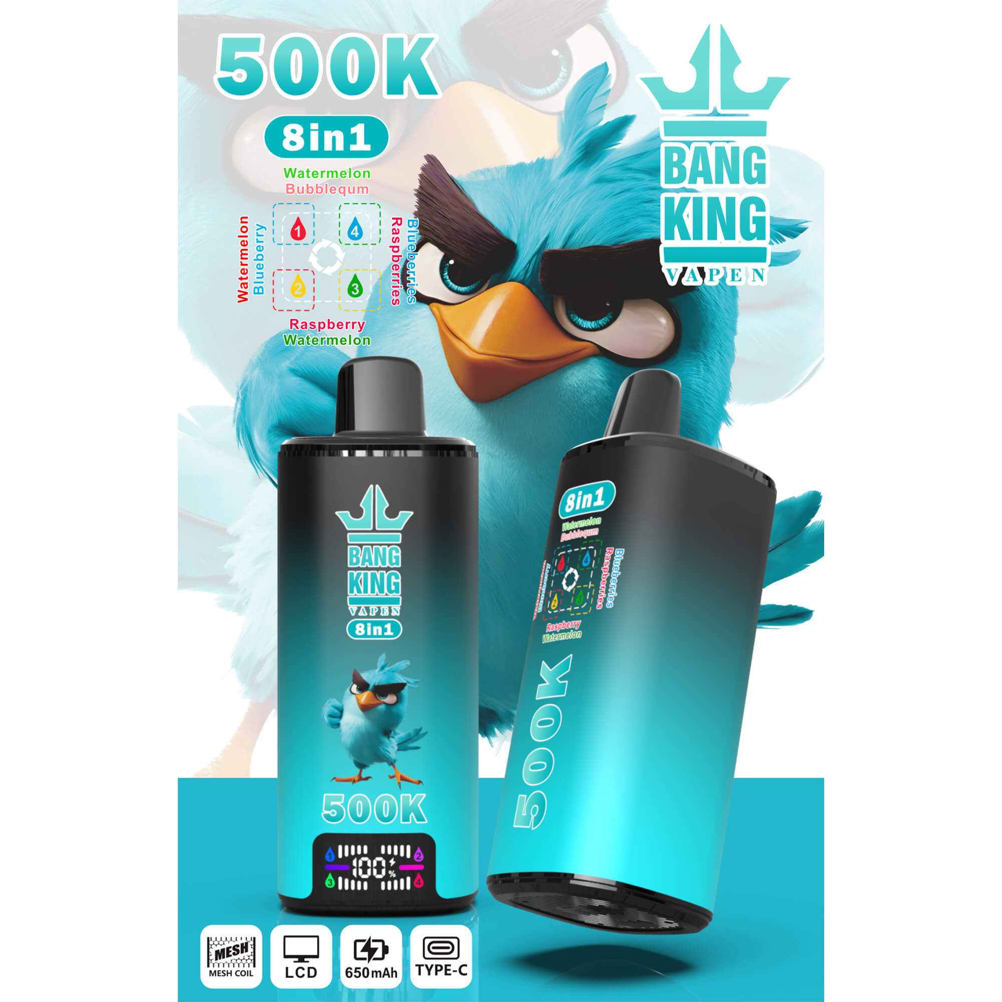 Promotional graphic for 8-in-1 Bang King vape, featuring a blue cartoon bird and two teal vape devices labeled 500K