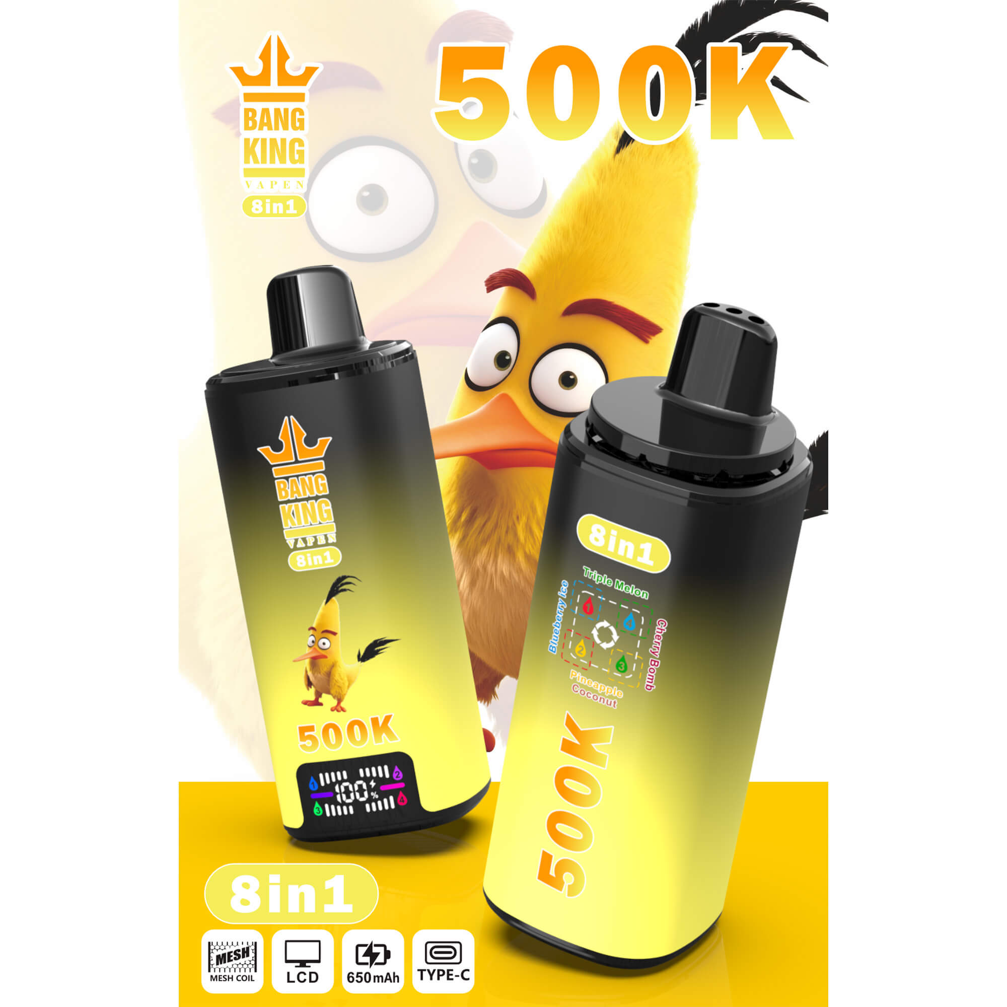 Cartoon bird and two “Bang King” vape devices with “500K” and “8in1” graphics on a yellow background