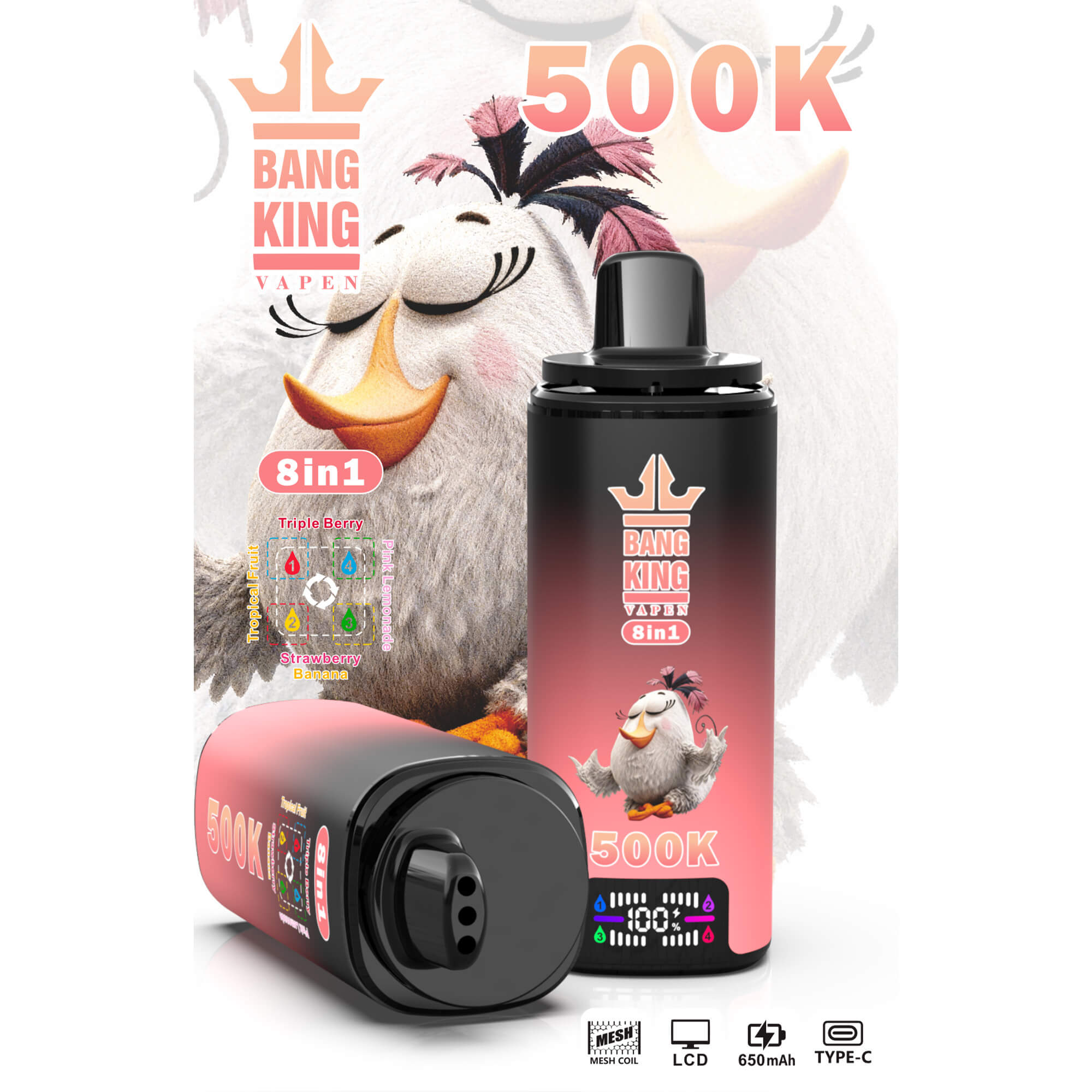 Promotional vape bottle labeled Bang King 500K with cute bird and “8in1” flavor graphic on a white background