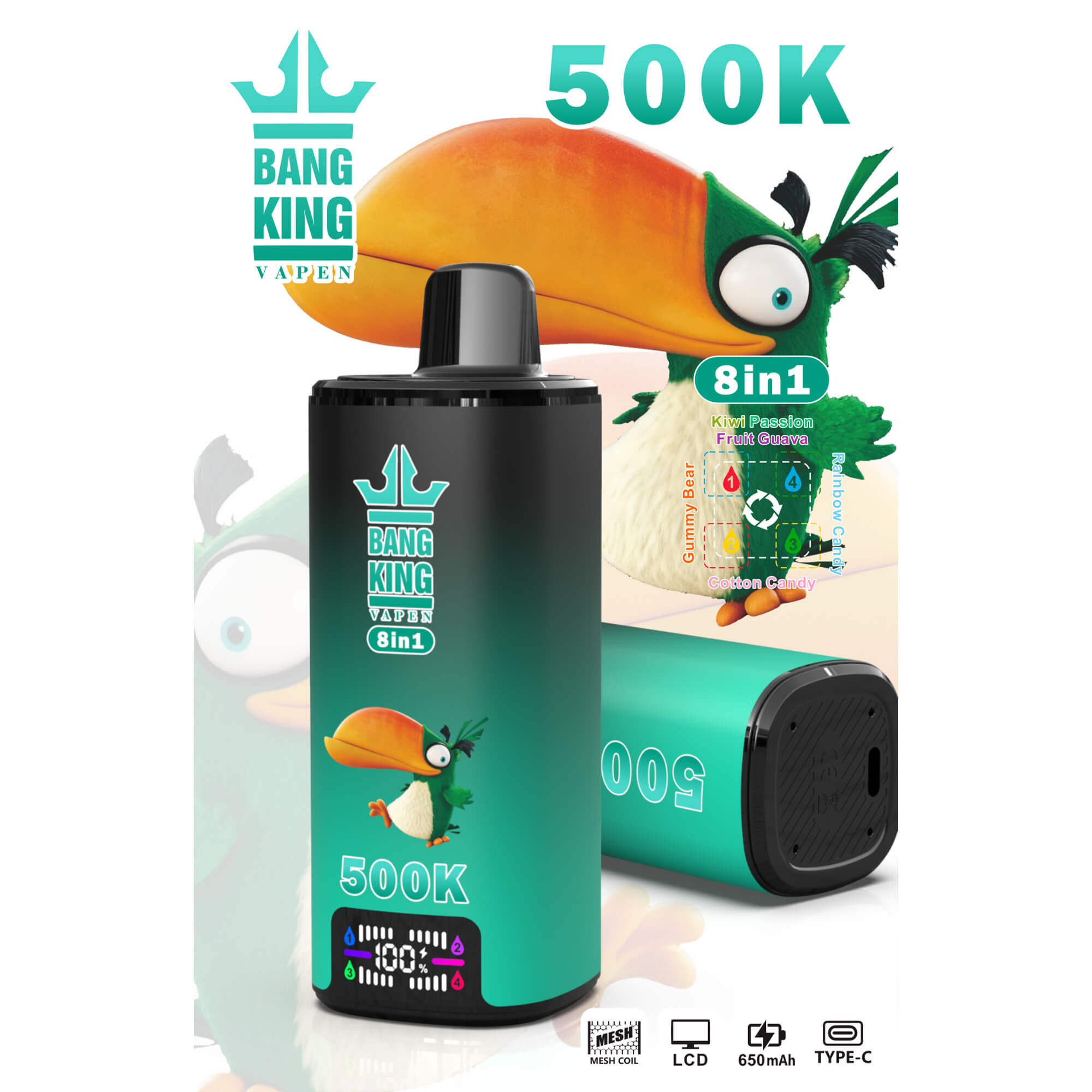 Bang King vape device with crown logo, Kiwi Passion Fruit Guava flavor graphics, 500K 8in1 and 650mAh Type-C text