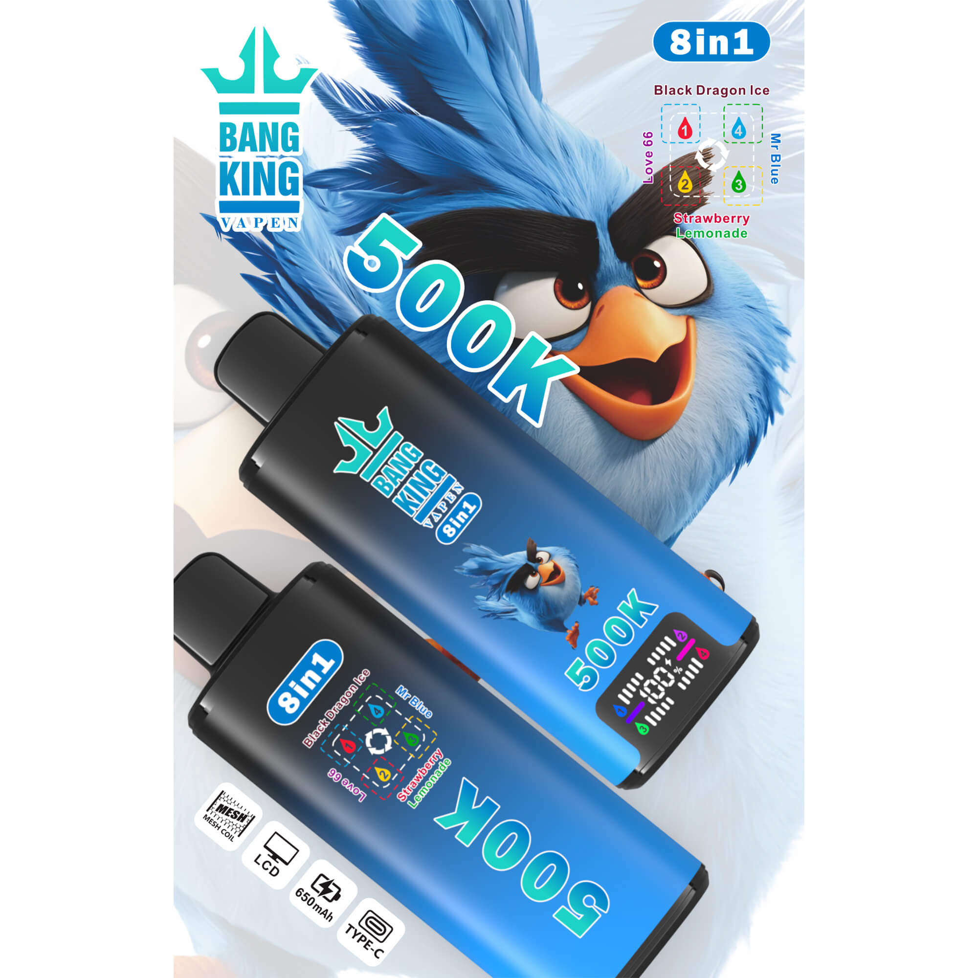 Blue feathered cartoon bird on vape device packaging reading 8 in 1 Bang King Va Pen