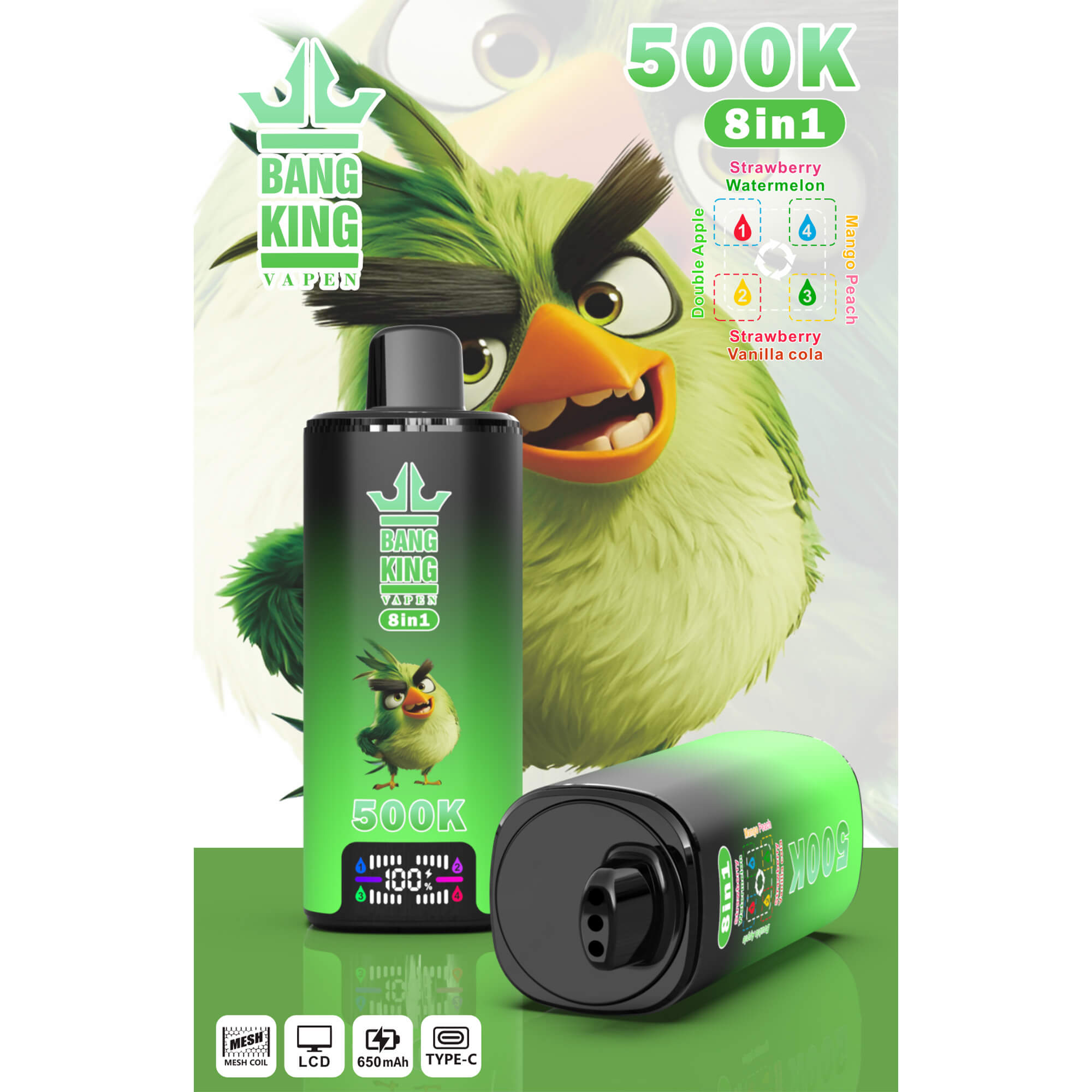 Smiling cartoon green bird vaping beside a 500K 8-in-1 vape pod labeled Strawberry, Watermelon, and more