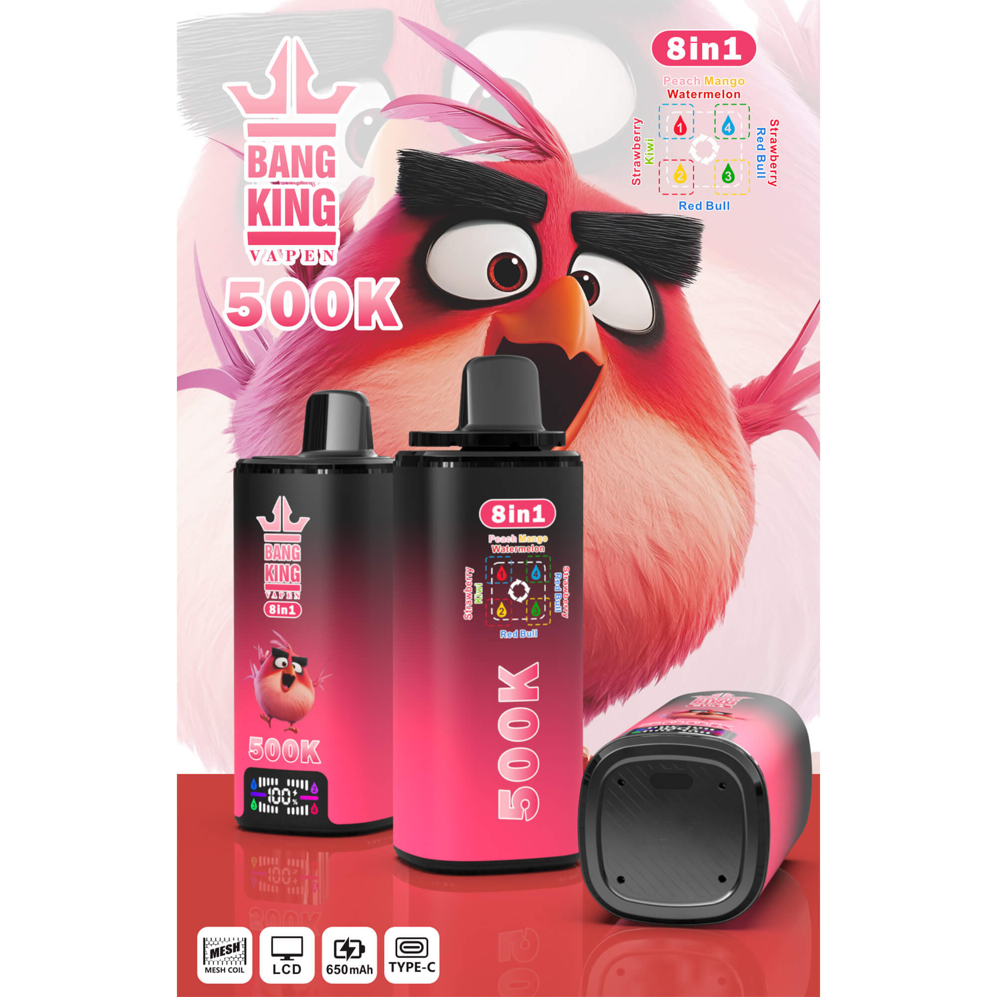Pink “Bang King” vape 500K with cartoon red bird mascot and “8 in 1” flavor icons on the package