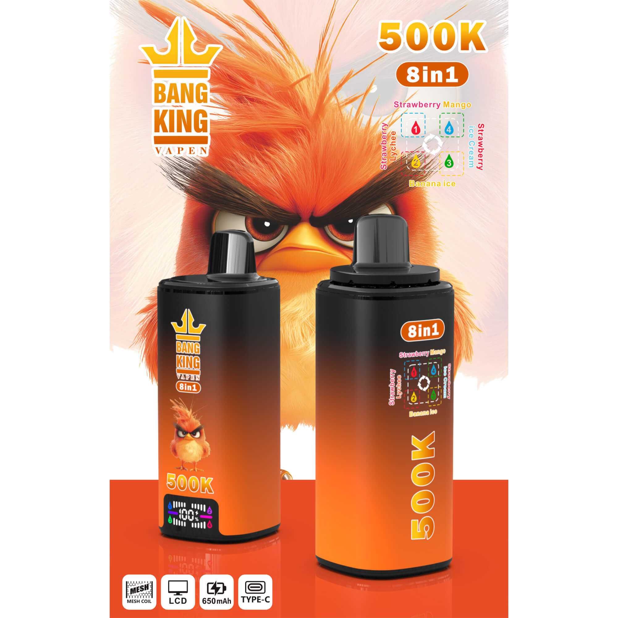 Two Bang King Vape devices with fierce orange cartoon bird, “500K 8in1” and “Strawberry Mango” flavor text