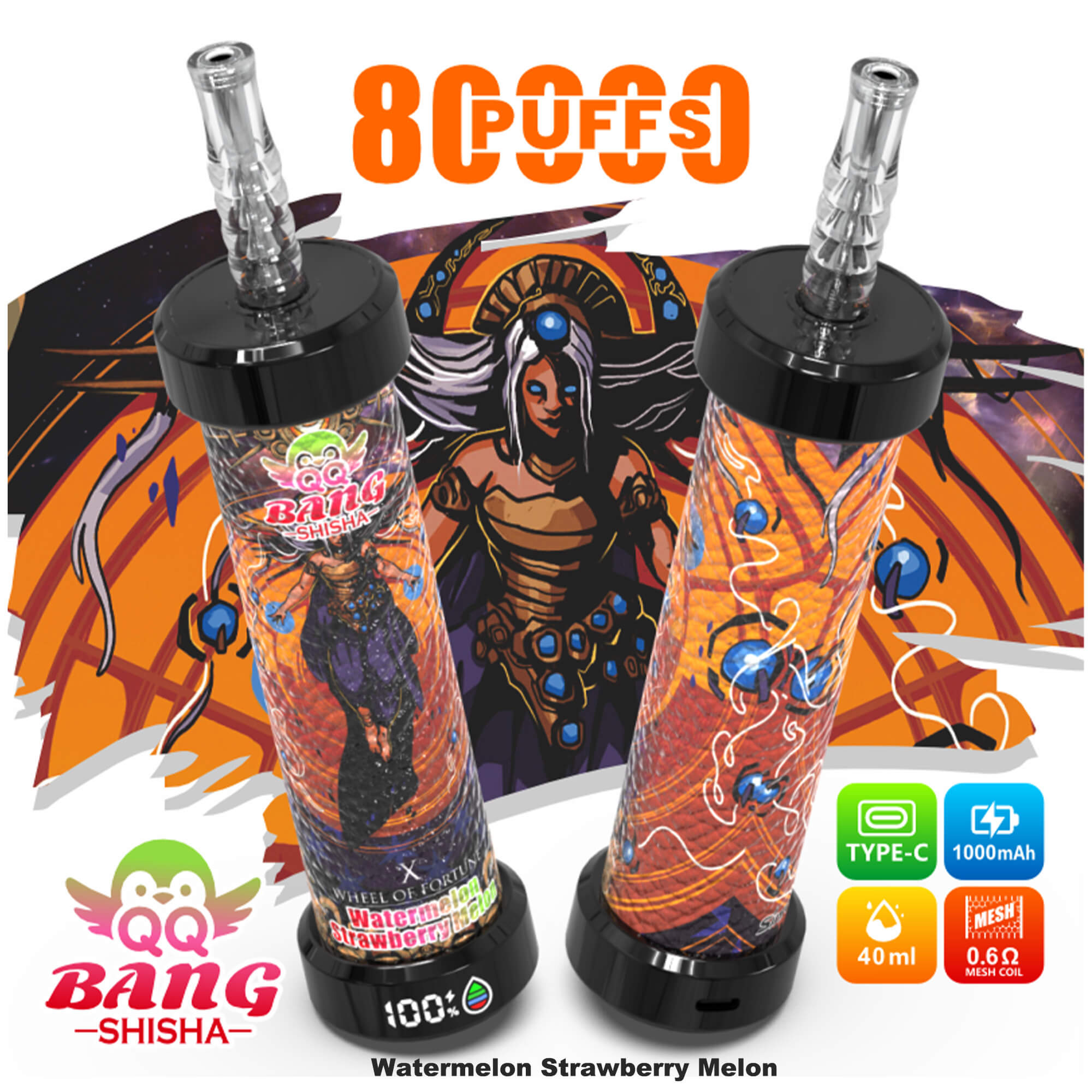 QQ Bang Shisha 80K rechargeable vape with 40ml e-liquid capacity, 1000mAh battery, 0.6Ω mesh coil technology, smart LED display, and premium DTL vaping design