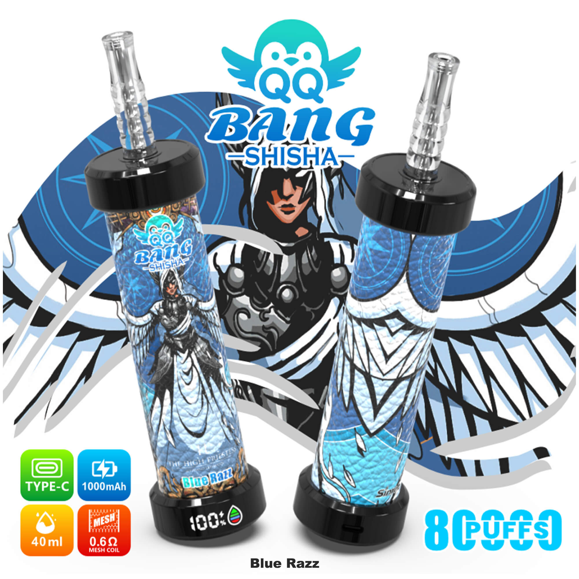 QQ Bang Shisha 80K rechargeable vape with 40ml e-liquid capacity, 1000mAh battery, 0.6Ω mesh coil technology, smart LED display, and premium DTL vaping design