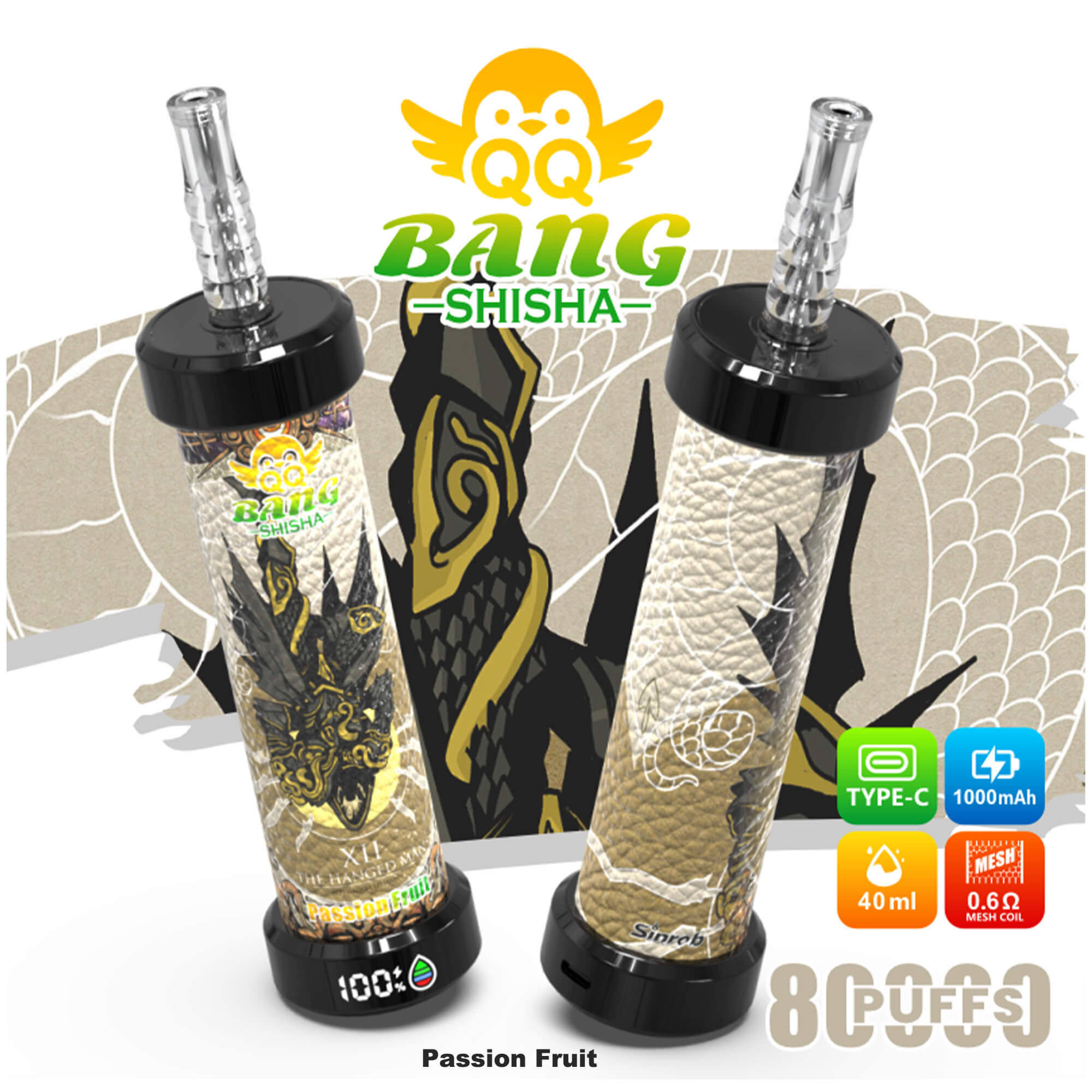QQ Bang Shisha 80K rechargeable vape with 40ml e-liquid capacity, 1000mAh battery, 0.6Ω mesh coil technology, smart LED display, and premium DTL vaping design
