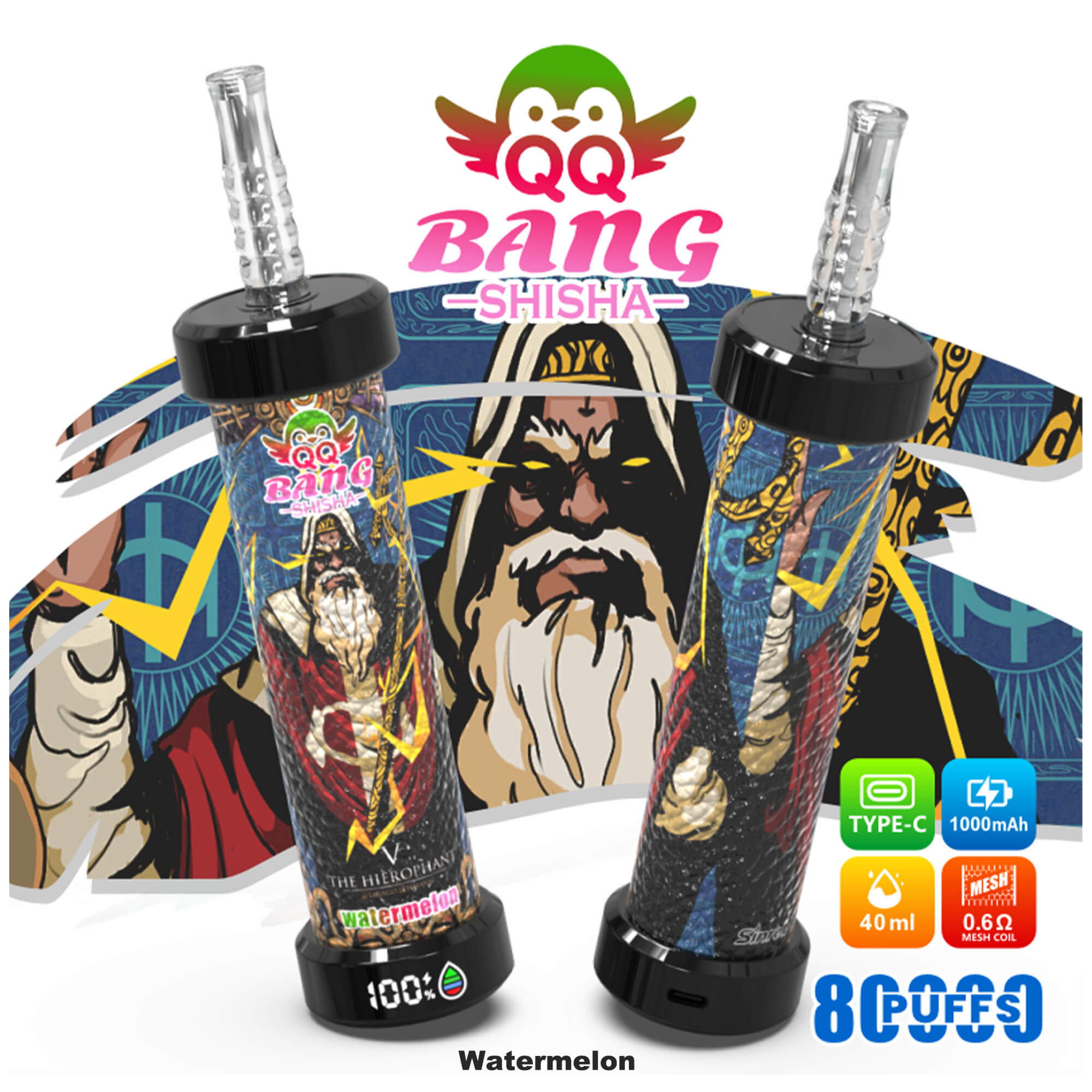 QQ Bang Shisha 80K rechargeable vape with 40ml e-liquid capacity, 1000mAh battery, 0.6Ω mesh coil technology, smart LED display, and premium DTL vaping design