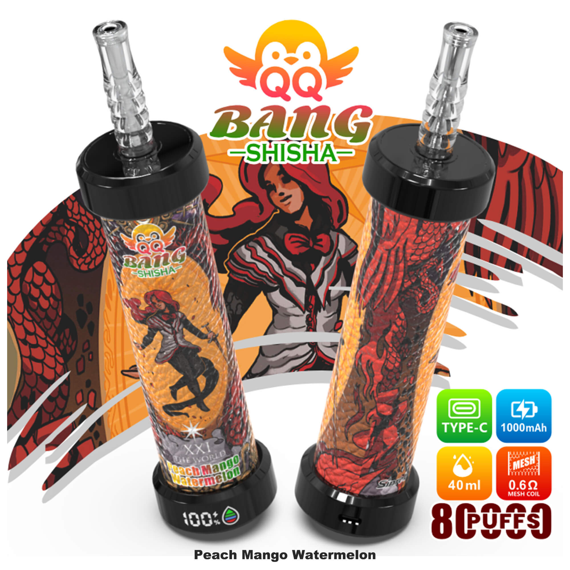 QQ Bang Shisha 80K rechargeable vape with 40ml e-liquid capacity, 1000mAh battery, 0.6Ω mesh coil technology, smart LED display, and premium DTL vaping design