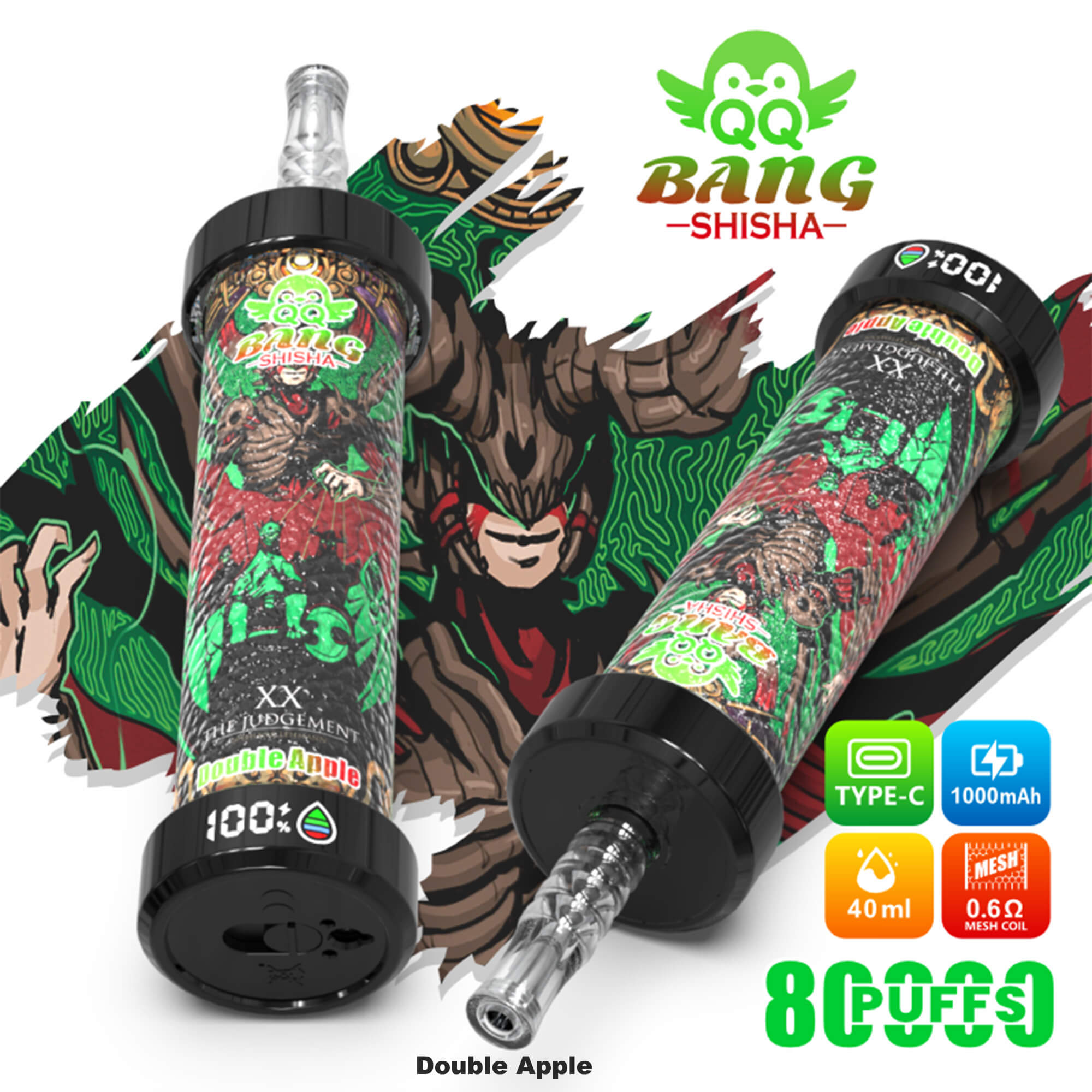 QQ Bang Shisha 80K rechargeable vape with 40ml e-liquid capacity, 1000mAh battery, 0.6Ω mesh coil technology, smart LED display, and premium DTL vaping design