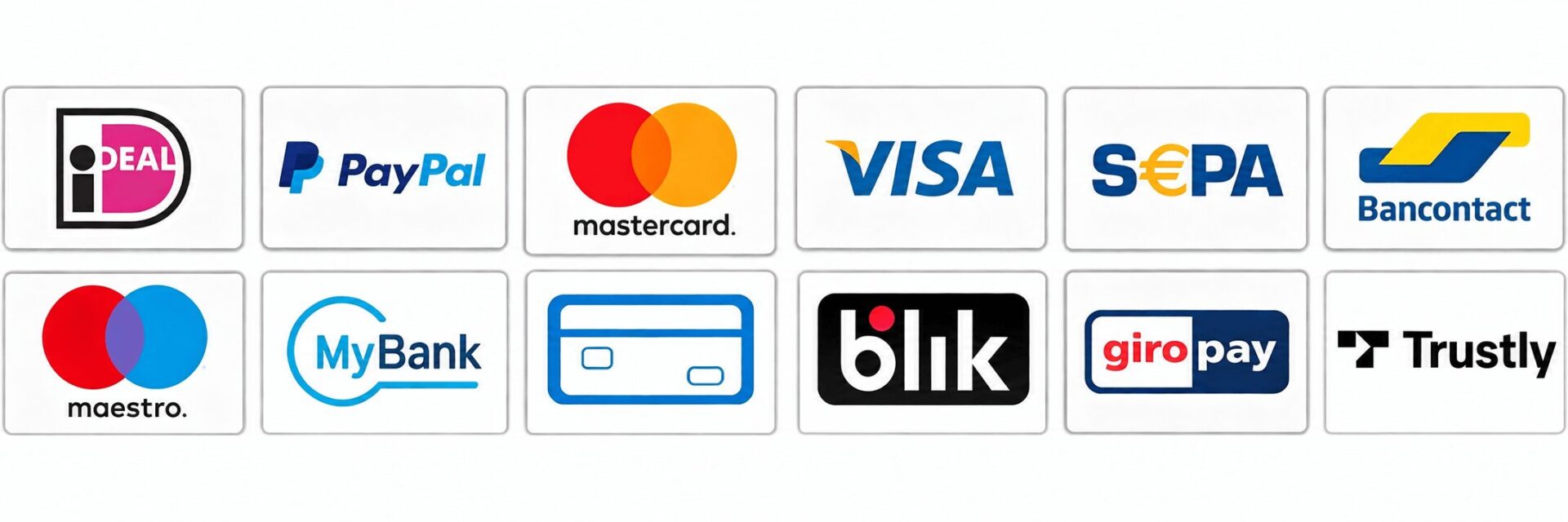 iDEAL、PayPal、Mastercard、Visa、SEPA、その他の決済方法のロゴ一覧