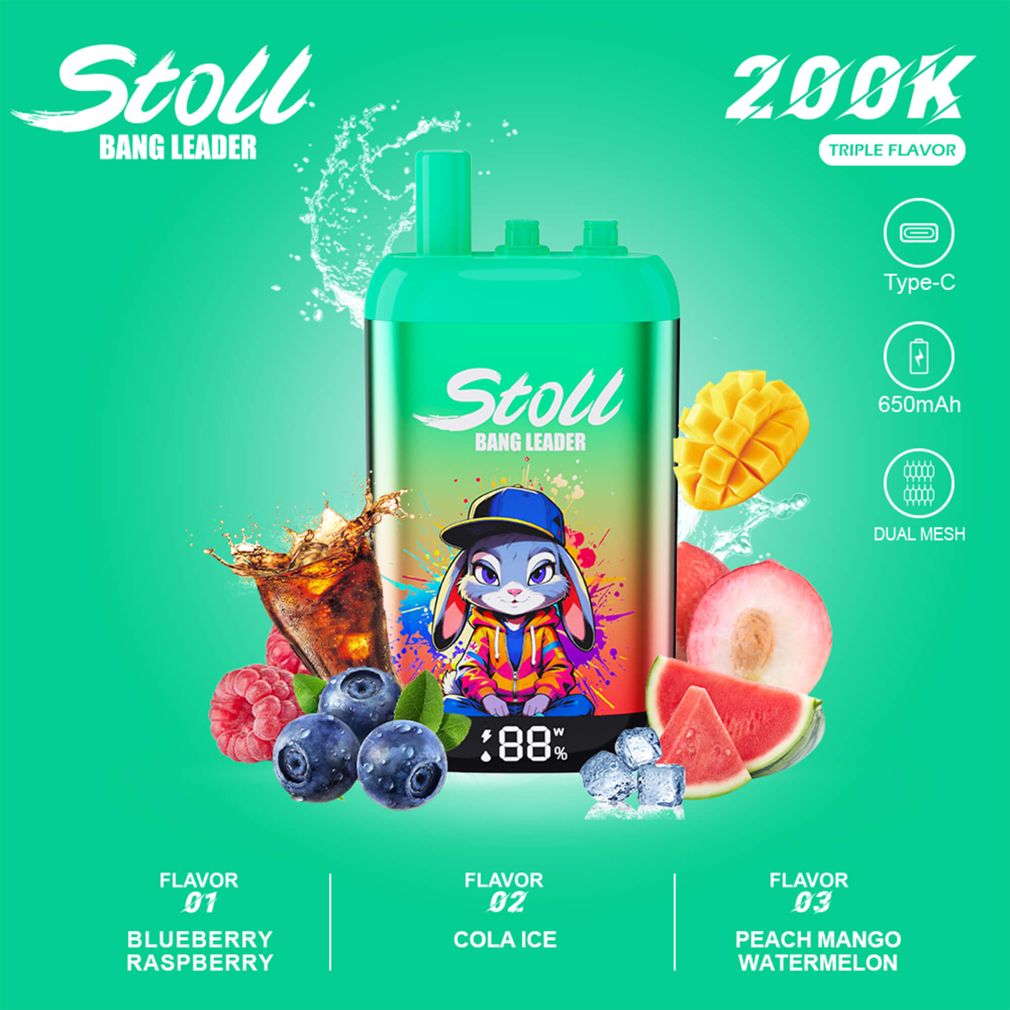 Annuncio del dispositivo vape verde “Stoll” con triplo aroma “Bang Leader”, 650mAh, Type-C e icone di frutta
