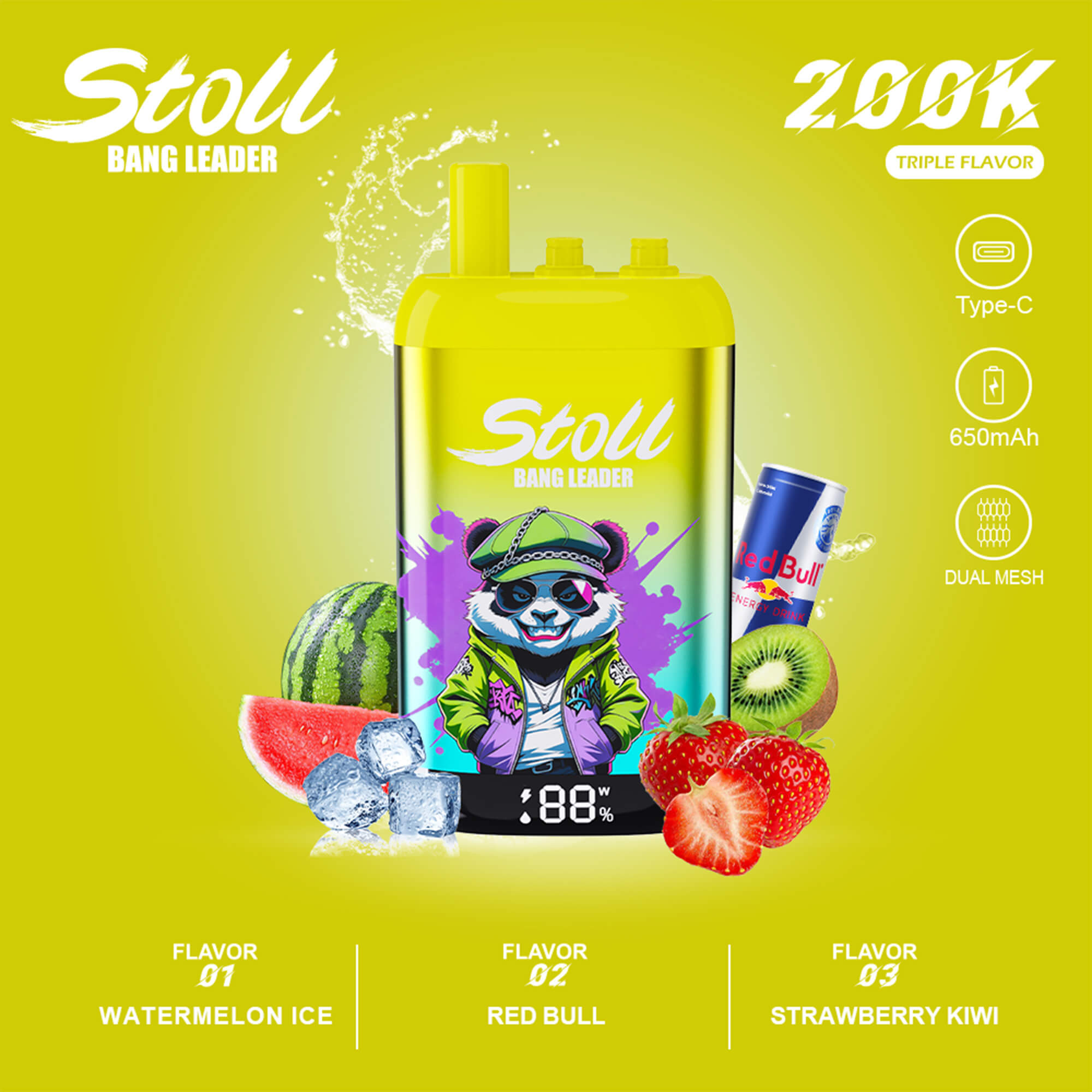 Green “Stoll Bang Leader” vape promo with fruit elements, Type-C 650mAh, and 88% power display
