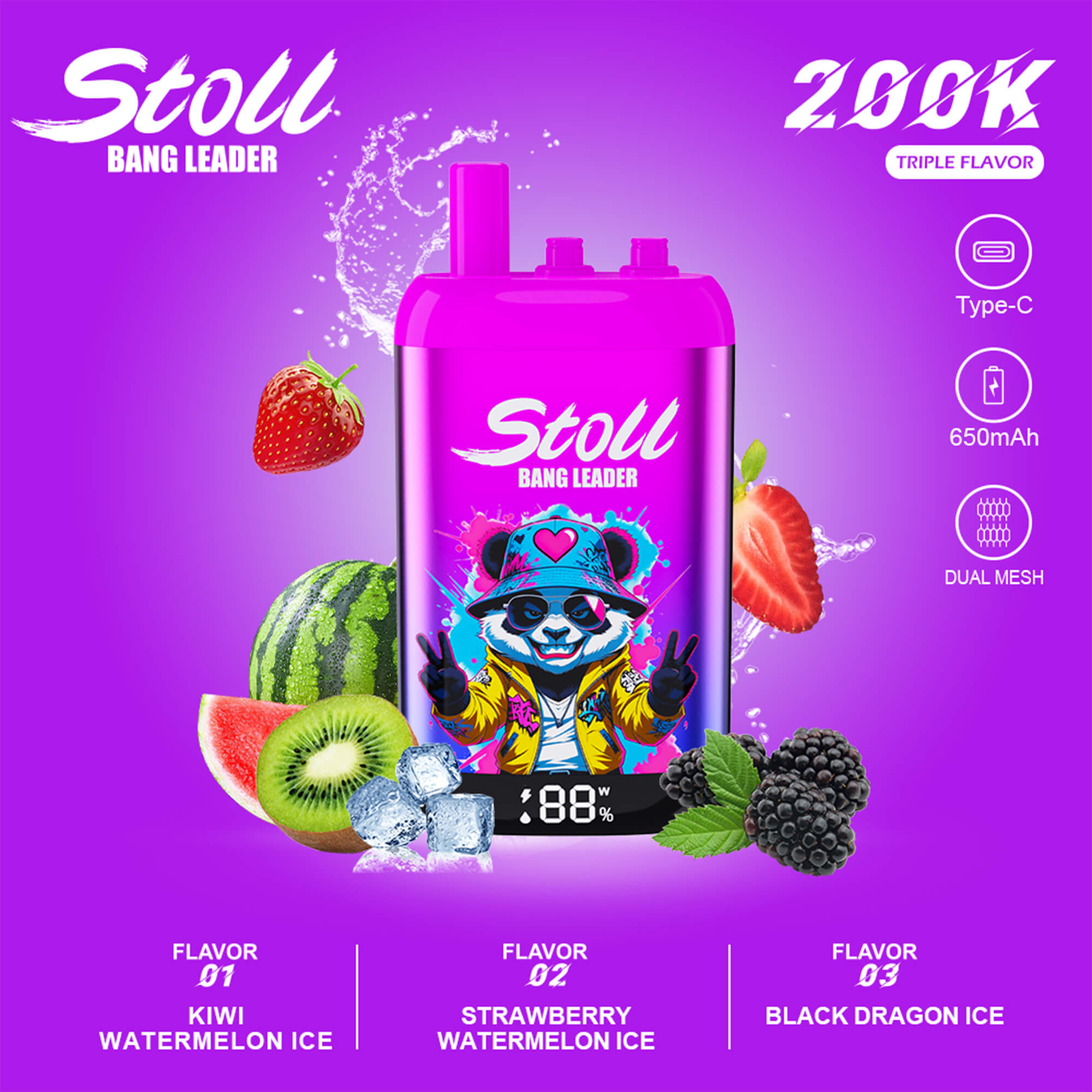 Purple “Stoll Bang Leader” vape device with fruit flavors, 650mAh Type-C triple flavor text on a purple background